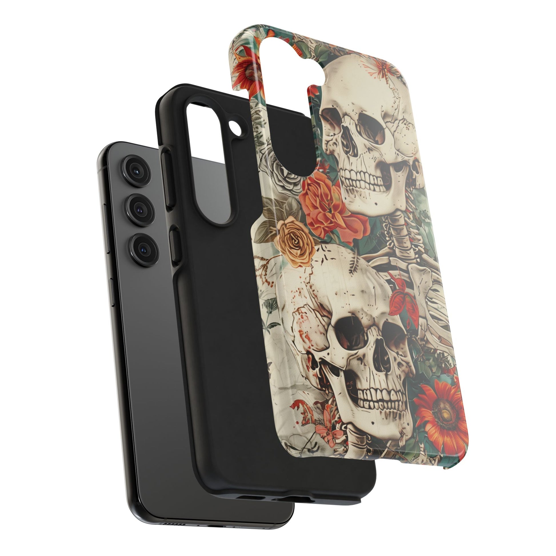 Skulls Floral Phone Case, Flowers and Skeletons , Halloween Cottagecore Day of the Dead, iPhone Dia de Los Muertos Gothic