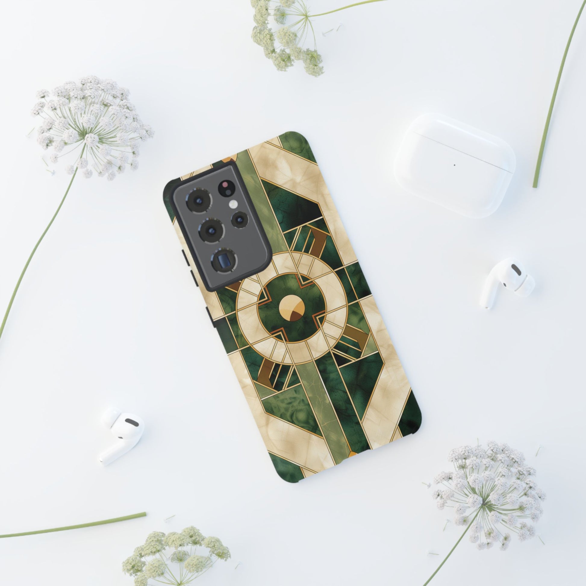 Green Frank Lloyd Wright Inspired Phone Case Geometric Elegance Stained Glass Art Deco Marble Gold 13 14 15 16 iPhone Pro Max Galaxy Pixel
