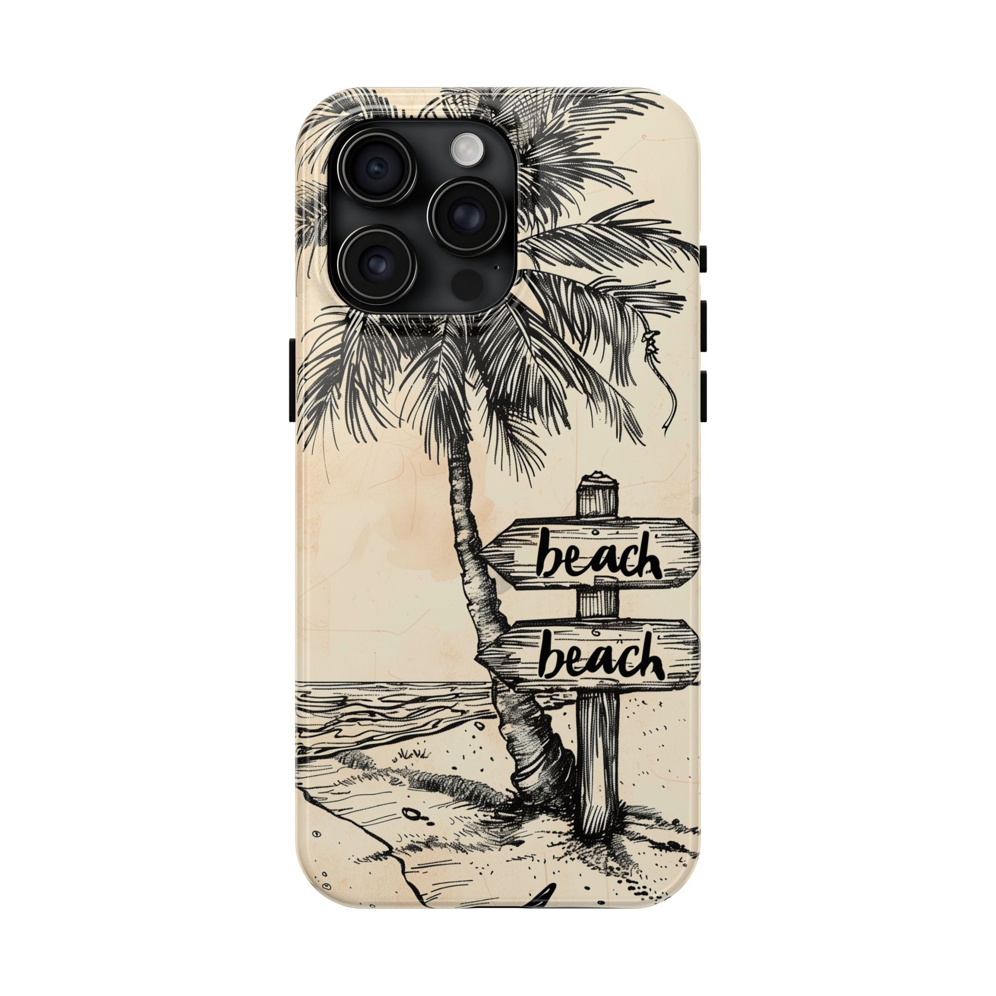 Hand-Drawn Beach Scene Phone Case, Palm Tree iPhone Case, Artistic Tough iPhone 15 Pro Max Case, Hand Drawn Tropicsl Beach iPhone 14 Case