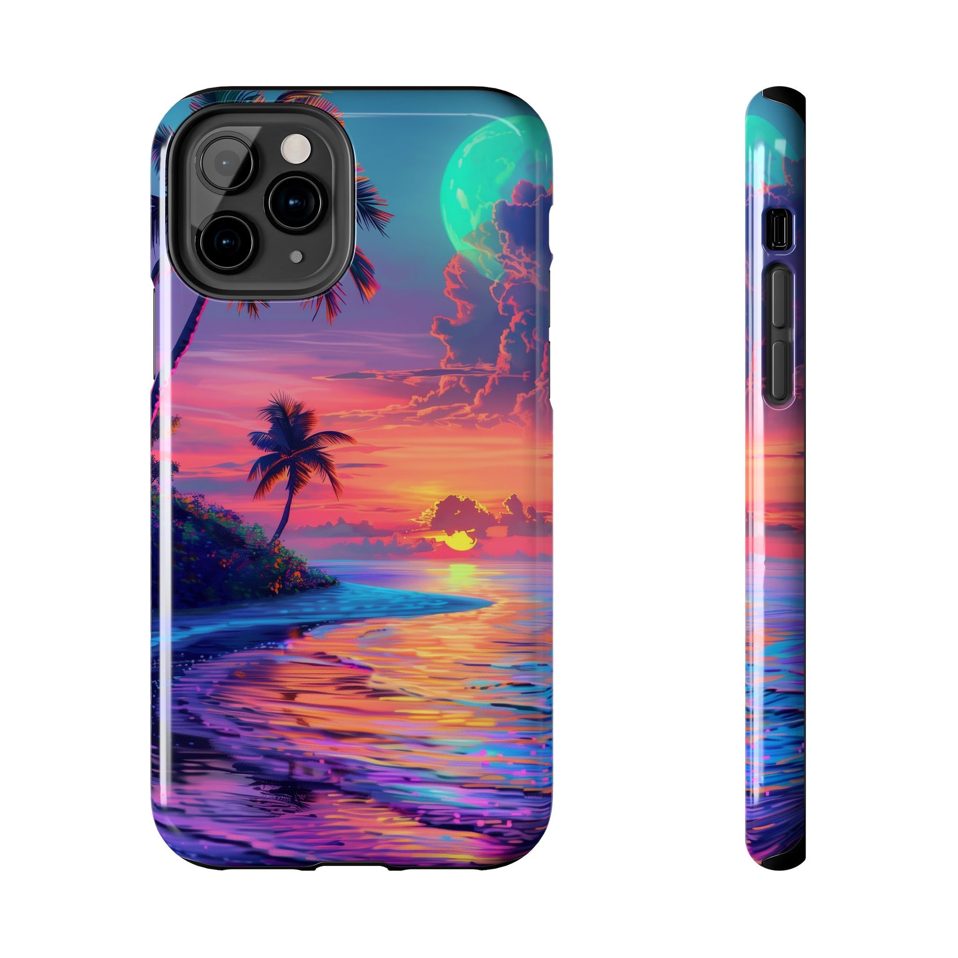 Tough Beach Scene Phone Case - Durable Phone Cover with Lisa Frank Inspired Beach Art - Protective Case with Vibrant Beach Design