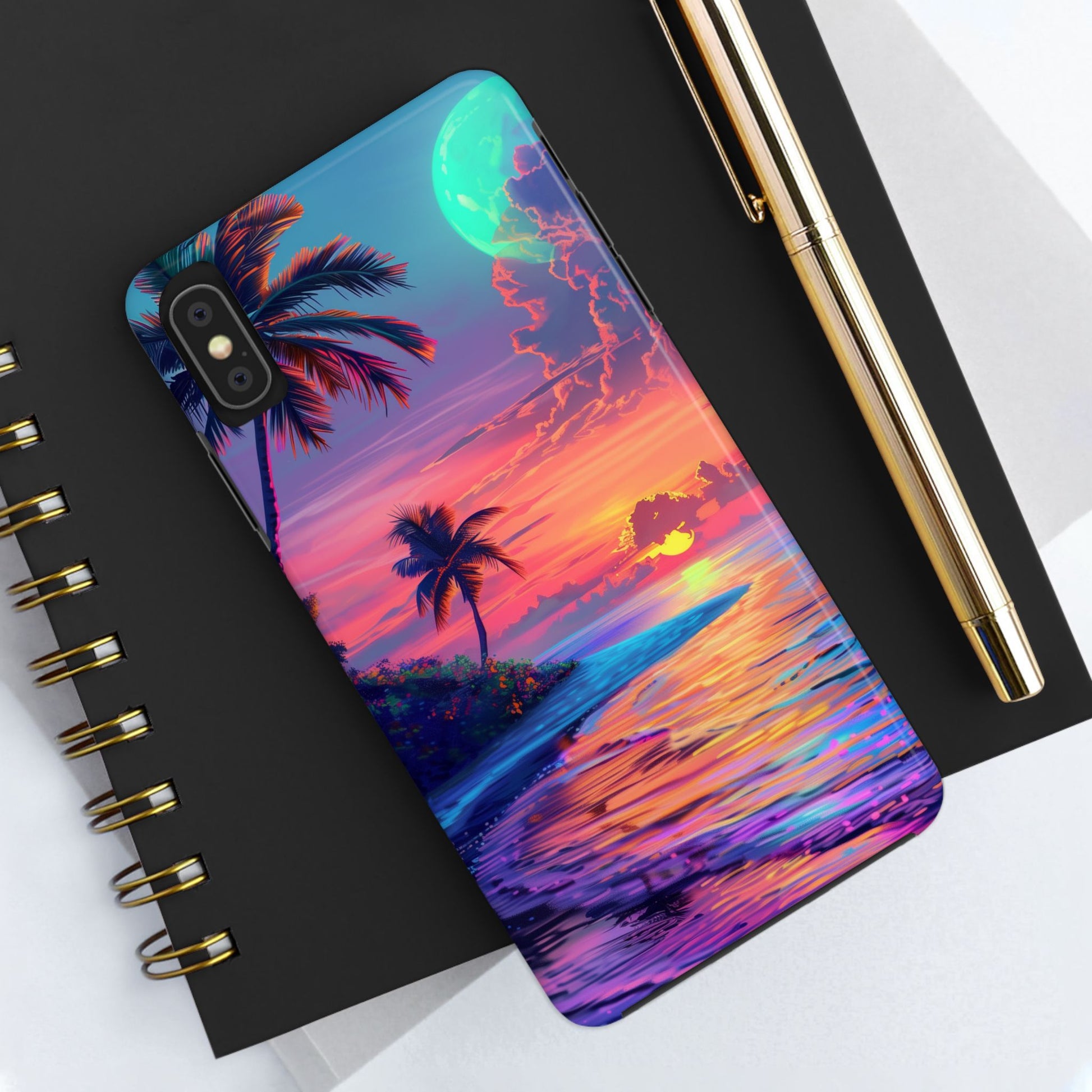 Tough Beach Scene Phone Case - Durable Phone Cover with Lisa Frank Inspired Beach Art - Protective Case with Vibrant Beach Design