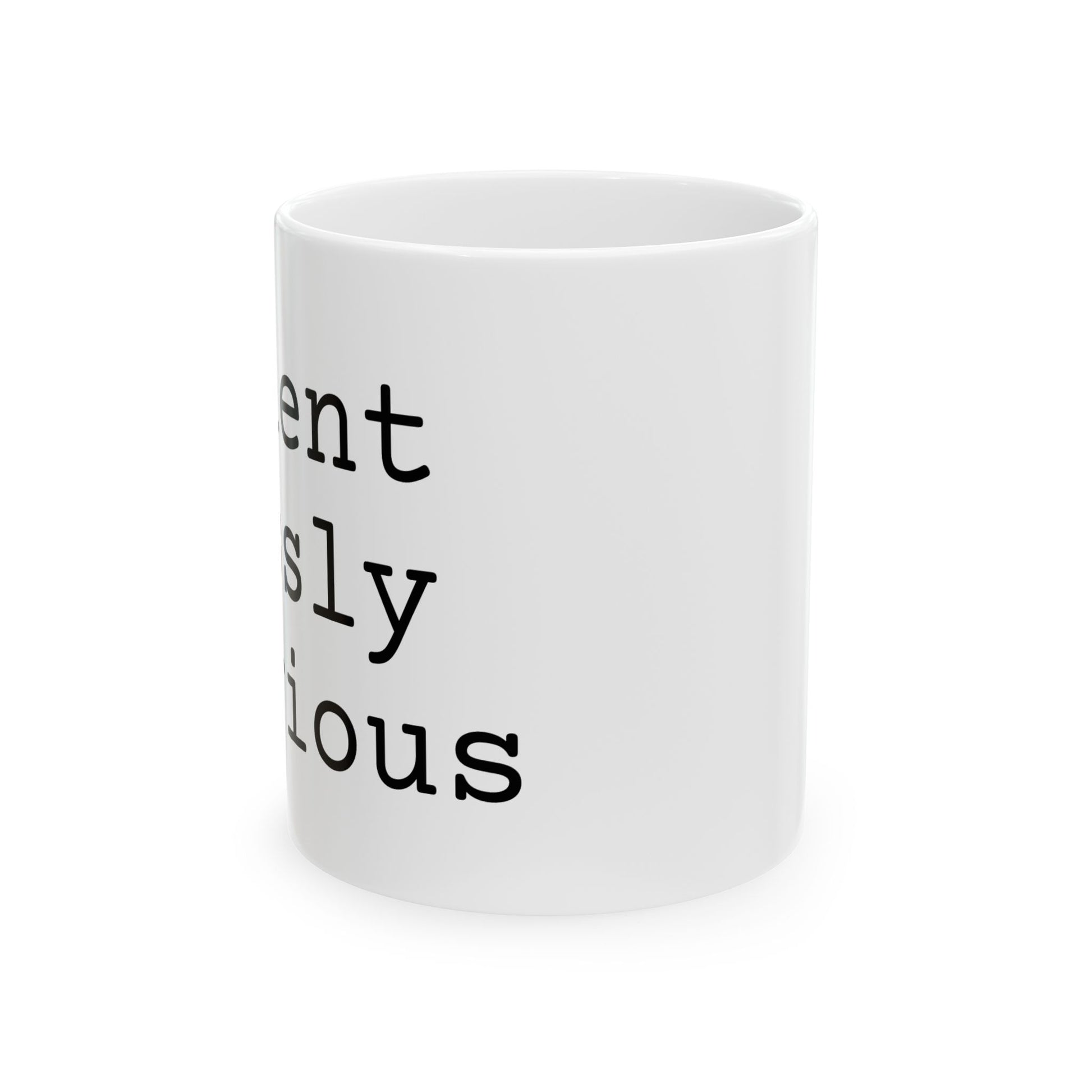 White ceramic mug featuring Relentlessly Curious text design
