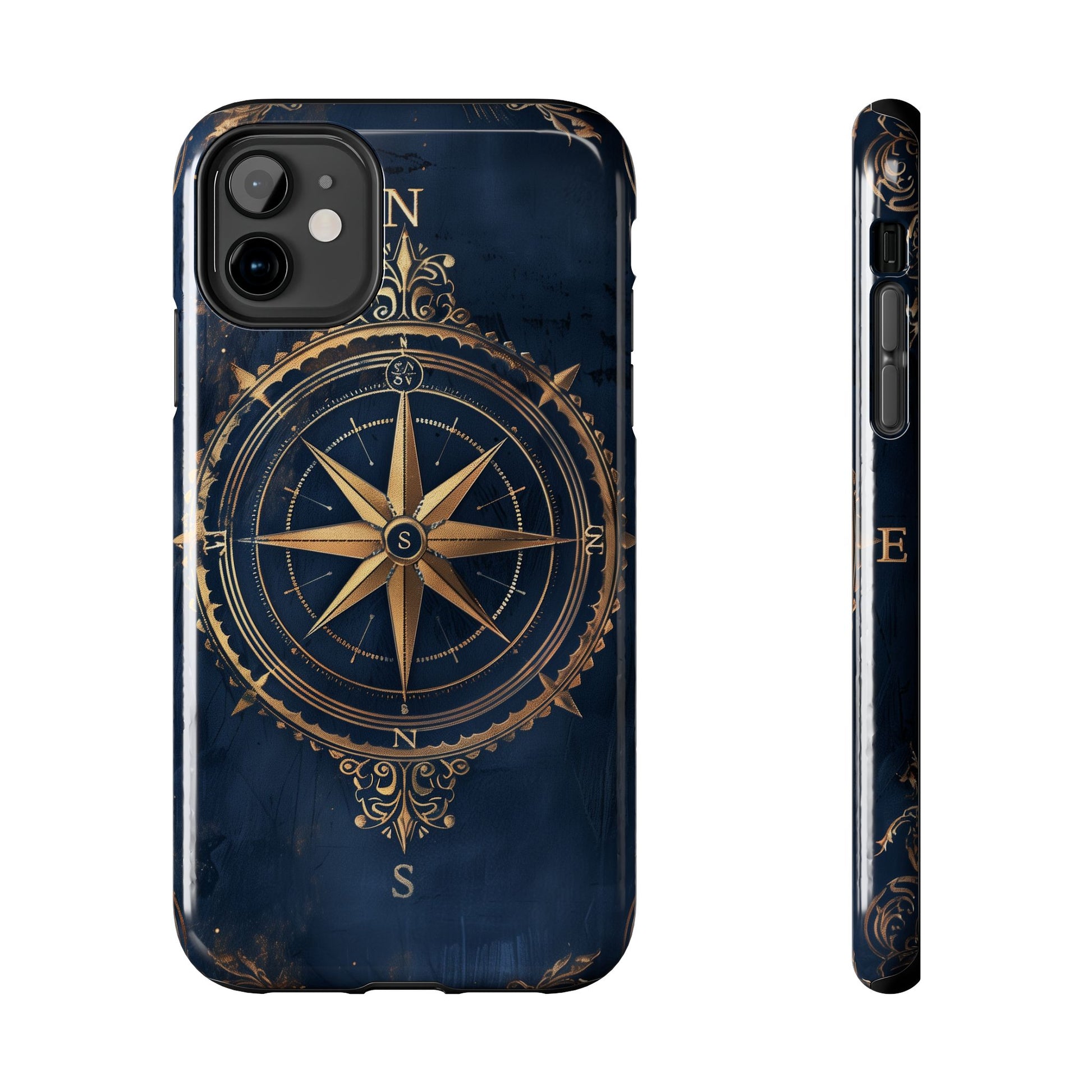 Golden Compass Rose Phone Case, Dark Blue Nautical Design, Unique Maritime Smartphone Cover, Stylish Accessory, Perfect for Travel Lovers