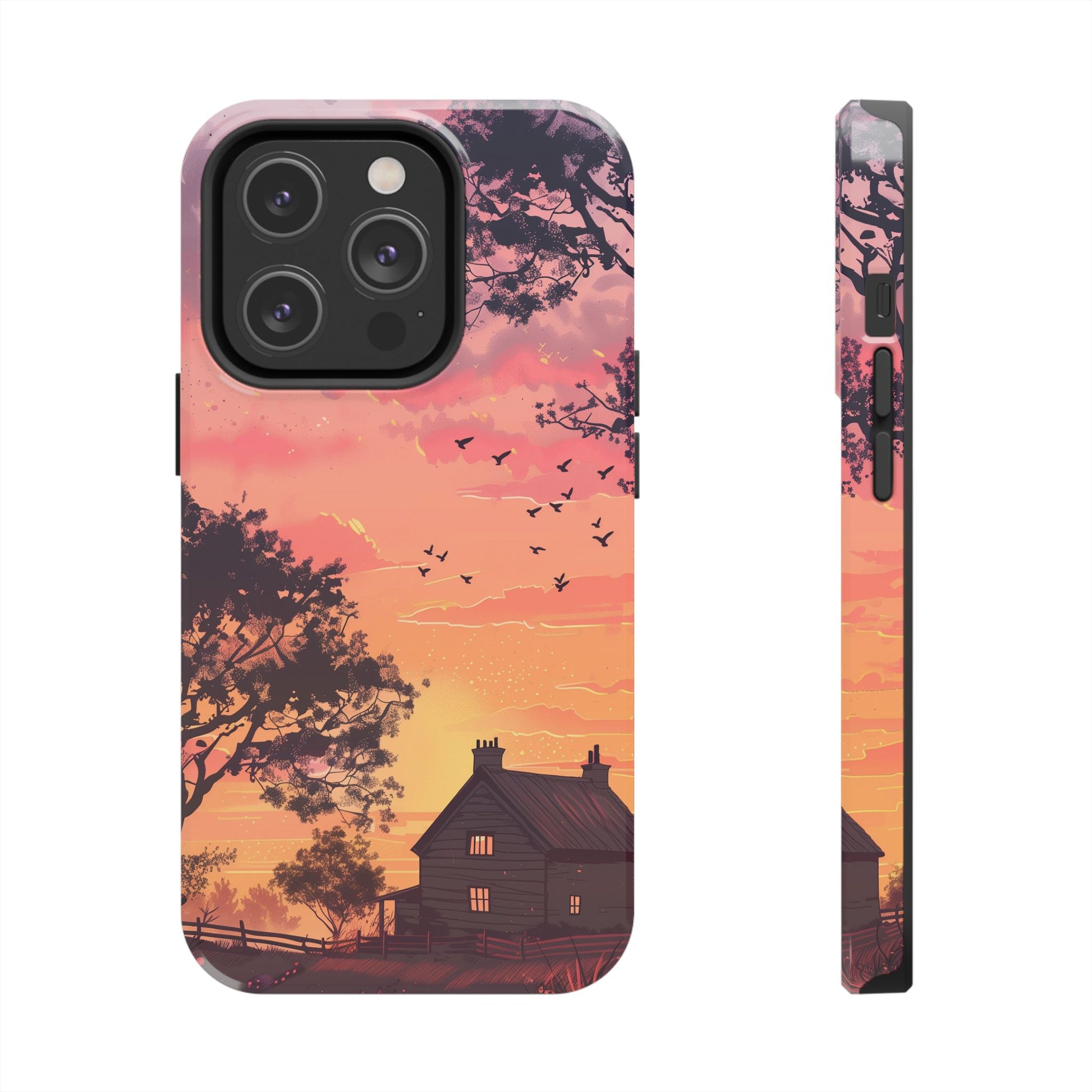 Cottagecore Countryside Sunset Phone Case Cottagecore Aesthetic, Tranquil Pastel Sky Gradient & Silhouette Trees, Whimsical Nature Art Cover