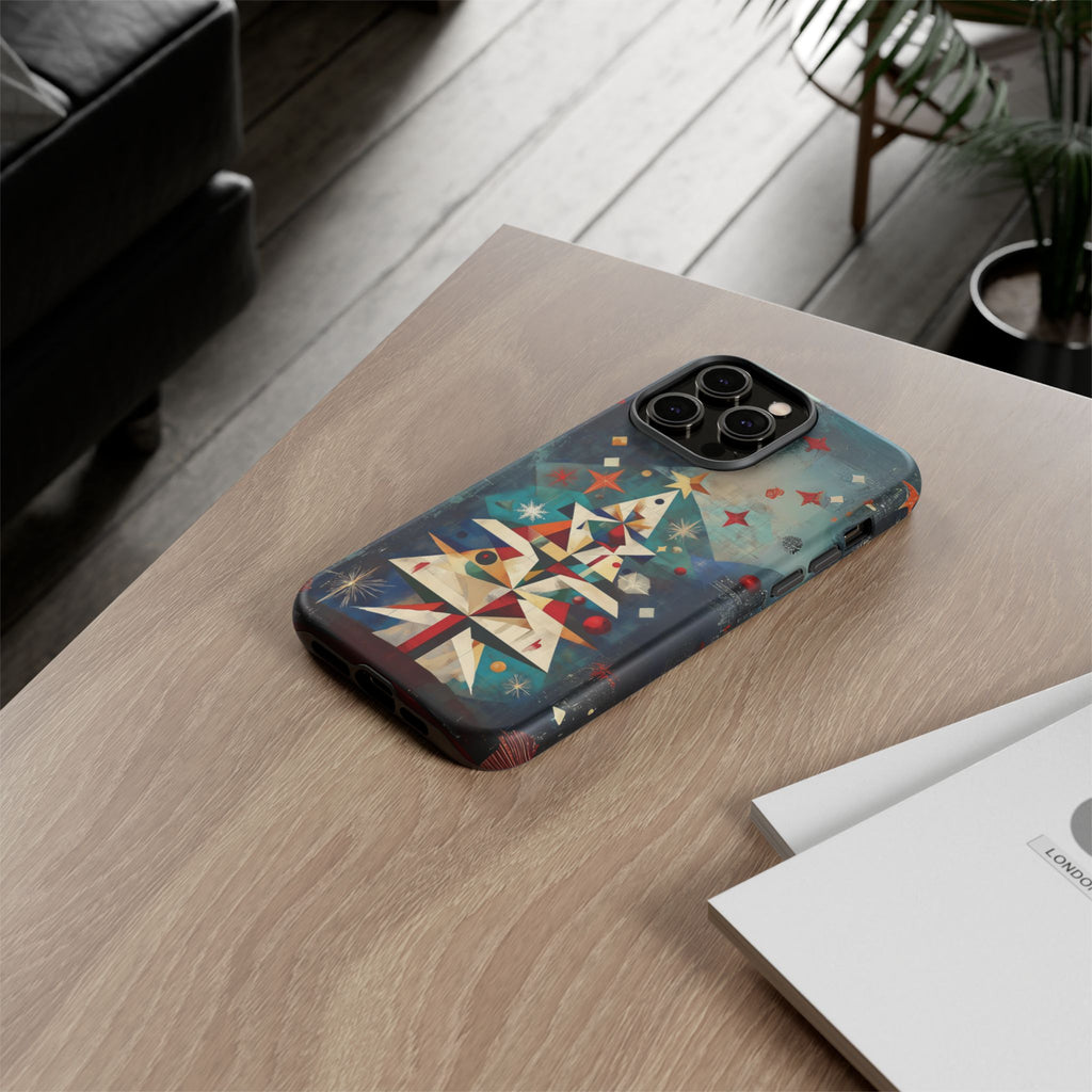 Mosaic Festive Christmas Tree Art Deco Stained Glass Phone Case Rankin Bass Style MidMod Design iPhone 13 14 15 16 Pro Max Pixel Galaxy