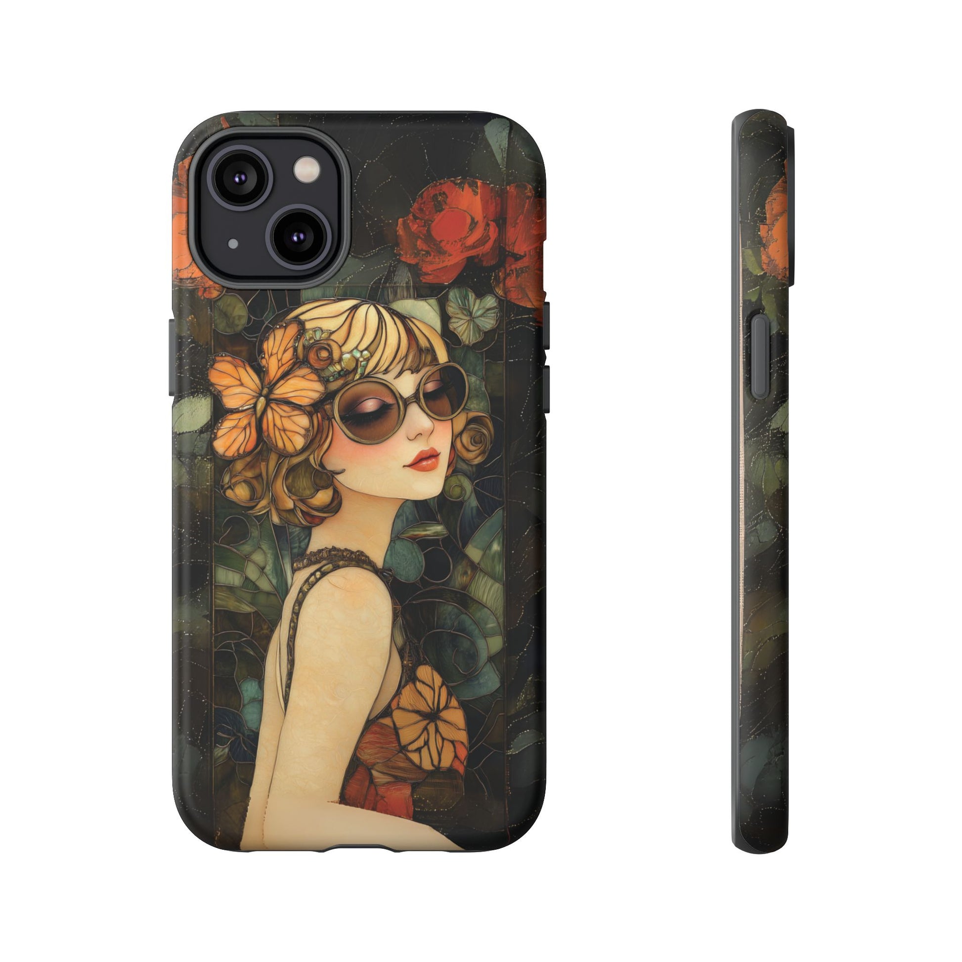 Butterfly Art Deco Flapper Woman Mosaic Phone Case 1920s Art Nouveau Design in Red Stained Glass Alphonse Mucha Style Gatsby Style Poster