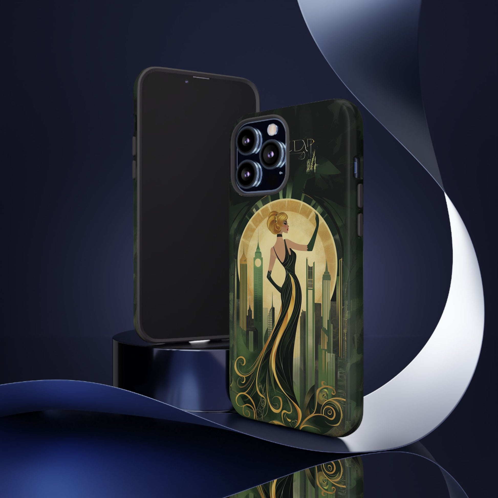 Emerald City Art Deco Flapper Woman Phone Case 1920s Art Nouveau Design in Emerald & Gold Alphonse Mucha Style Gatsby Style Poster