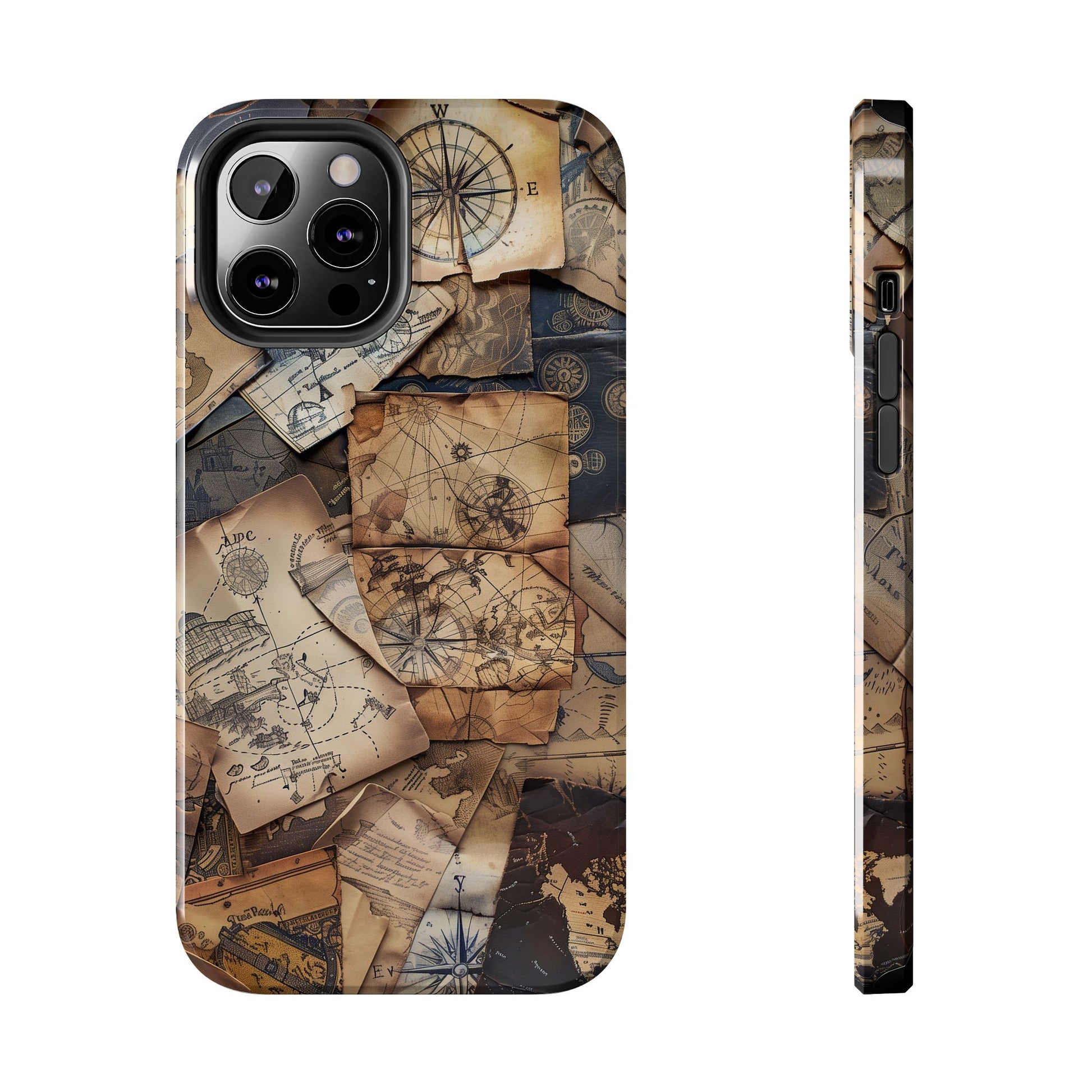 Double Layer Adventure Phone Case - Protective Phone Case Vintage Map and Compass Design - Dual Layer Case with Map Print