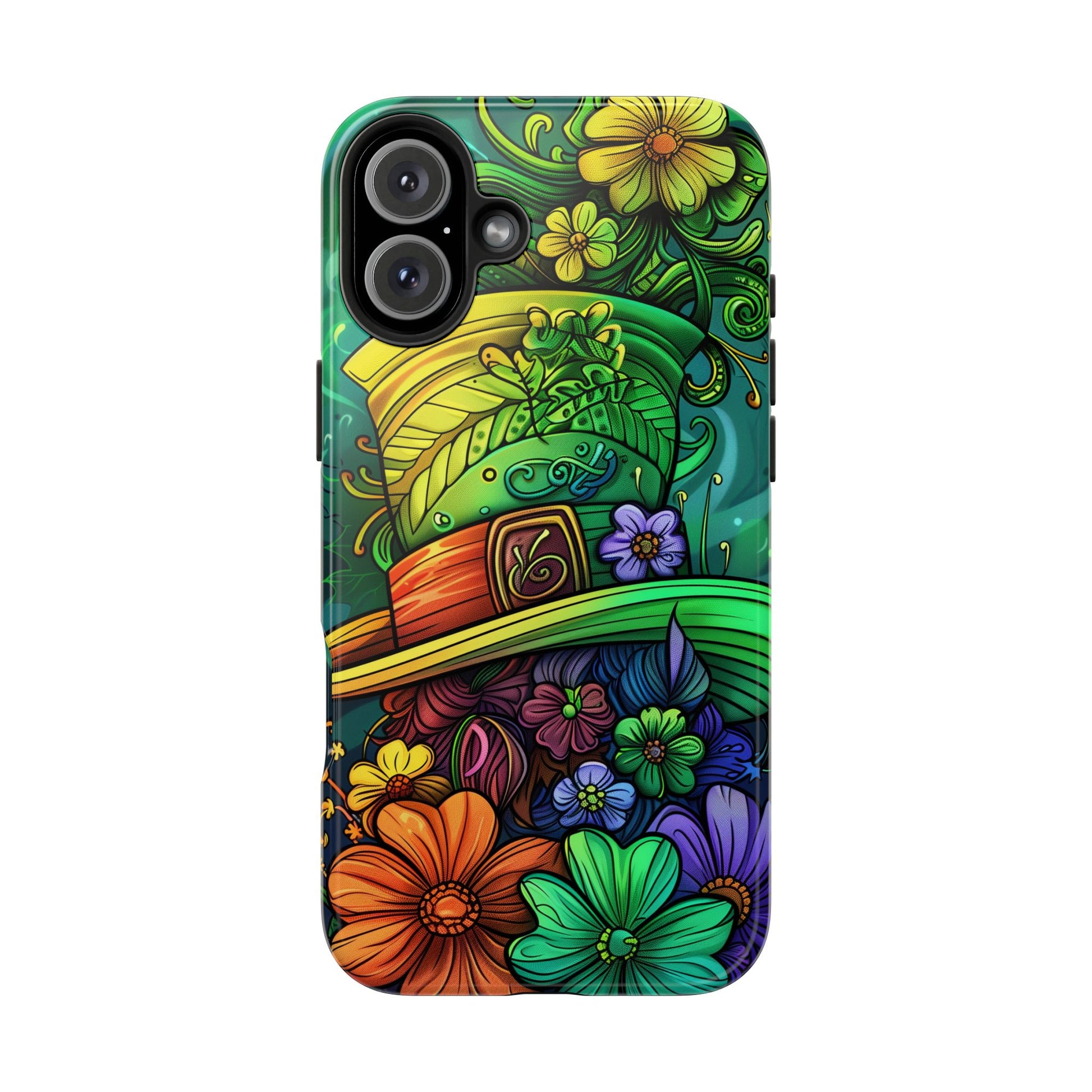 Rainbow St. Patricks Day Good Lucky Phone Case Green Shamrock Protective Tough Durable iPhone 13 14 15 16 Pro Max Plus Galaxy Top Hat Charm