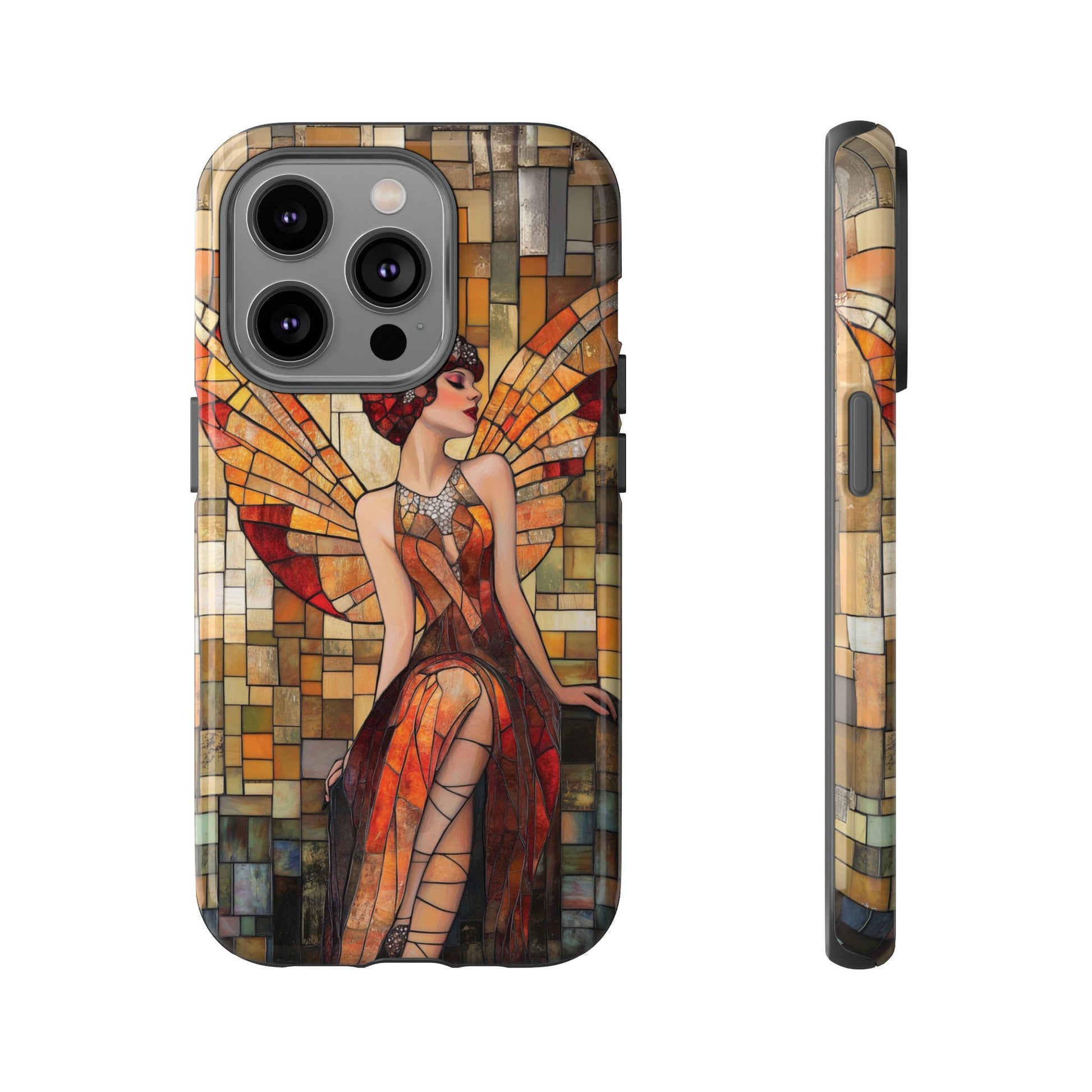 Phone Case Art Deco Flapper Fairy Woman Mosaic Stained 1920s Art Nouveau Design in Red Yellow Orange Alphonse Mucha Gatsby Style Poster