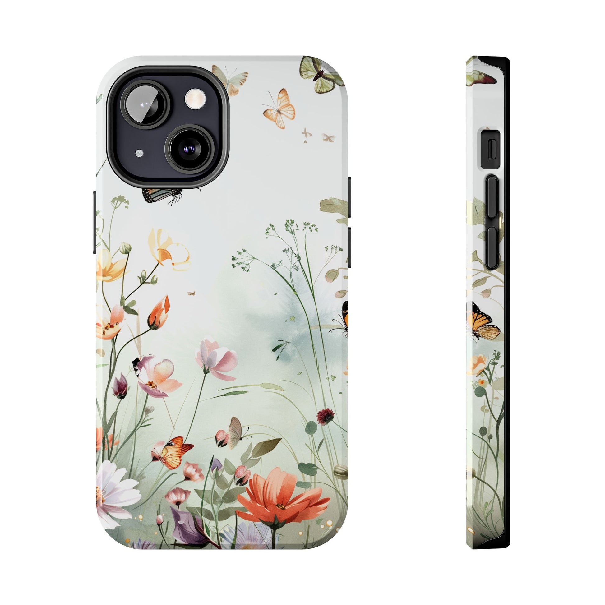Butterfly Meadow Scene Cottagecore iPhone 15, Pastel Wildflowers & Butterflies, Natural iPhone Case, Cottagecore Garden Case, iPhone 14