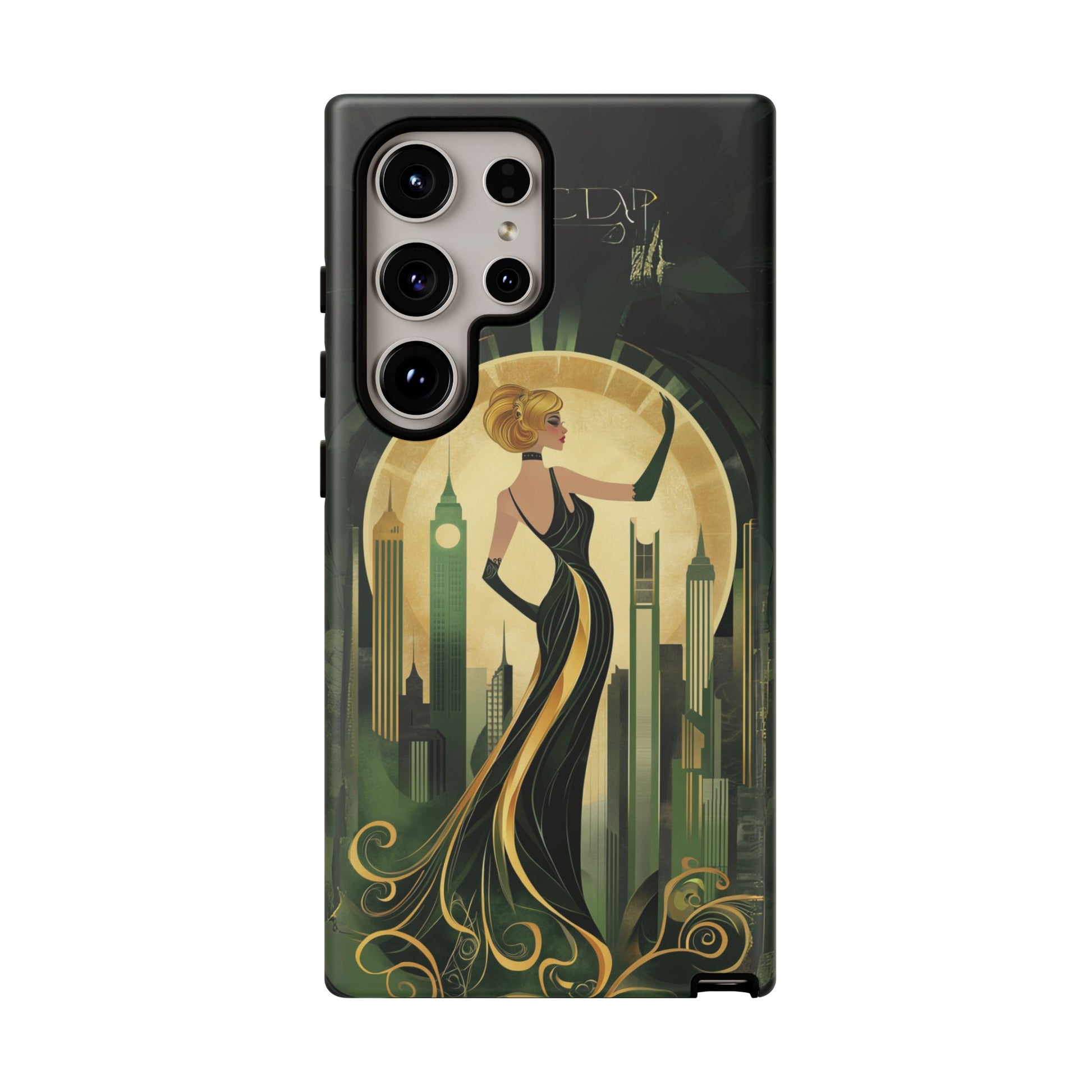 Emerald City Art Deco Flapper Woman Phone Case 1920s Art Nouveau Design in Emerald & Gold Alphonse Mucha Style Gatsby Style Poster
