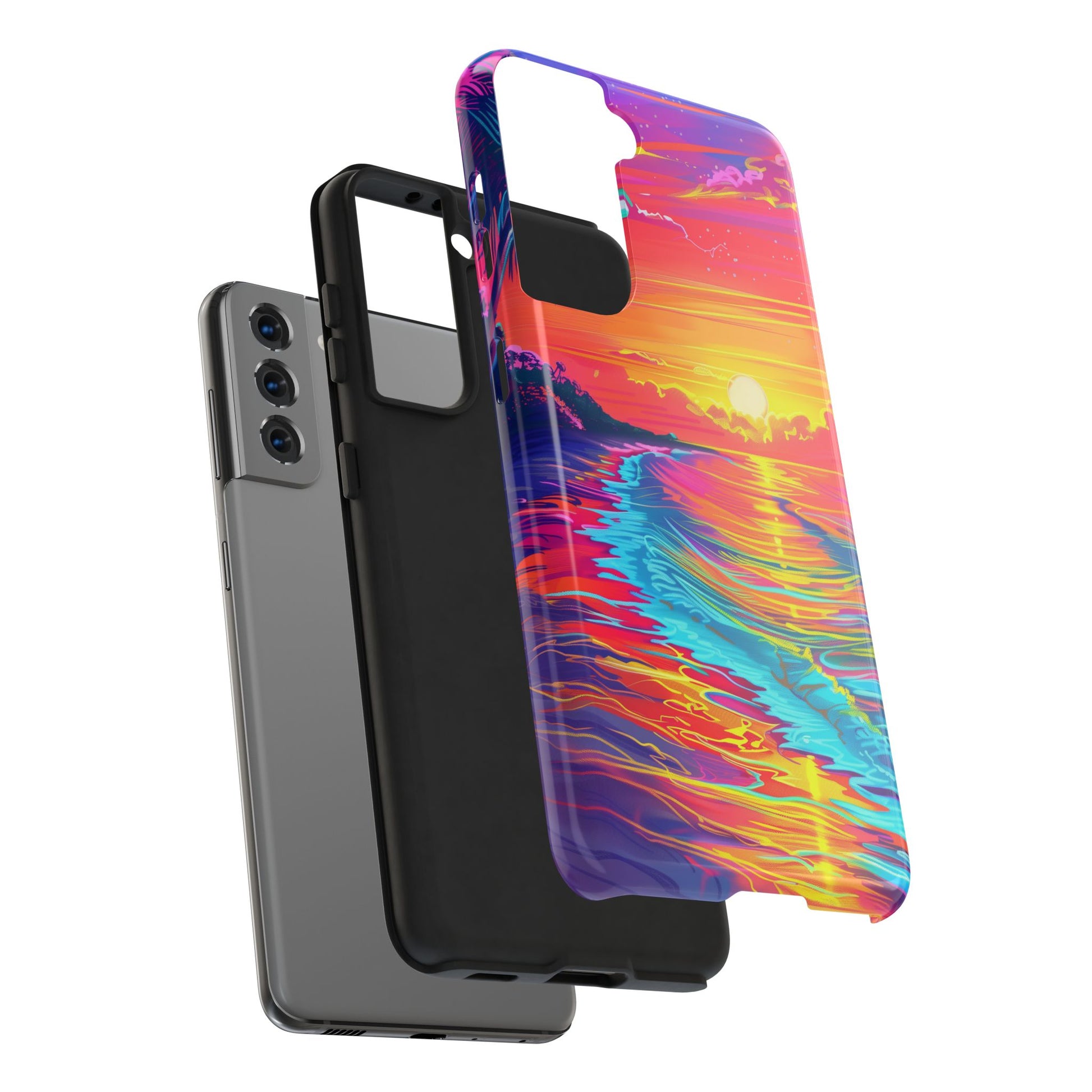 Tough Beach Sunrise Phone Case - Durable Case Lisa Frank Inspired Beach Art - Vibrant Beach Design - Colorful Phone Case for Beach Lovers