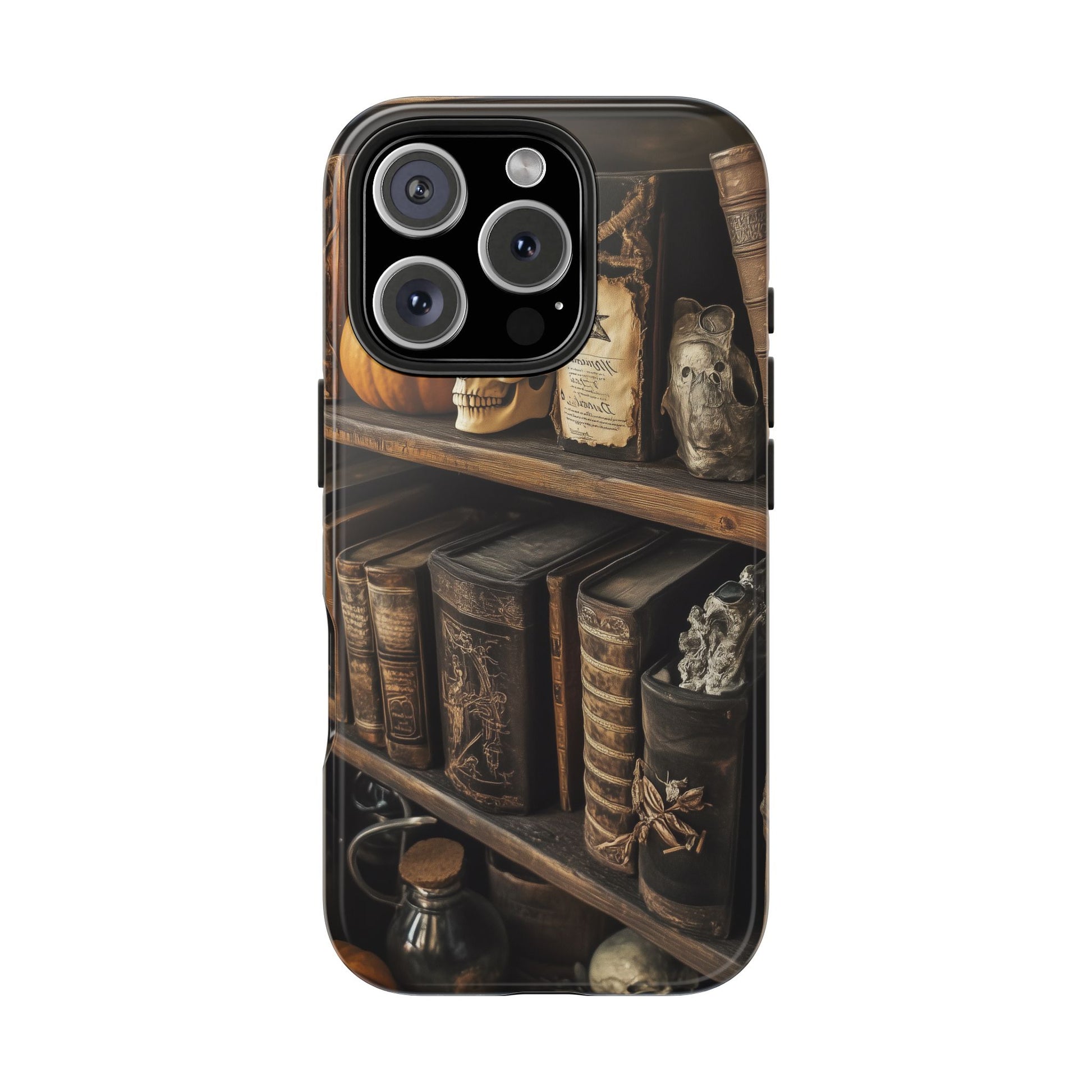 Apothecary Dark Academia Bookcase Goth Skulls floral Black Halloween Pumpkins Samsung Galaxy Apple iPhone 15 Pro Max Case  S24 S23 C