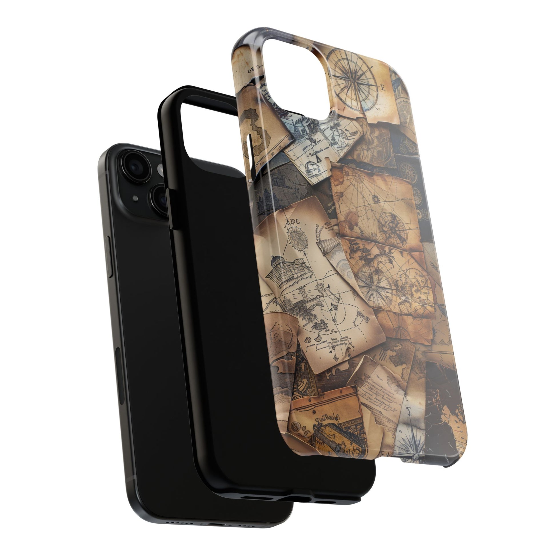 Double Layer Adventure Phone Case - Protective Phone Case Vintage Map and Compass Design - Dual Layer Case with Map Print