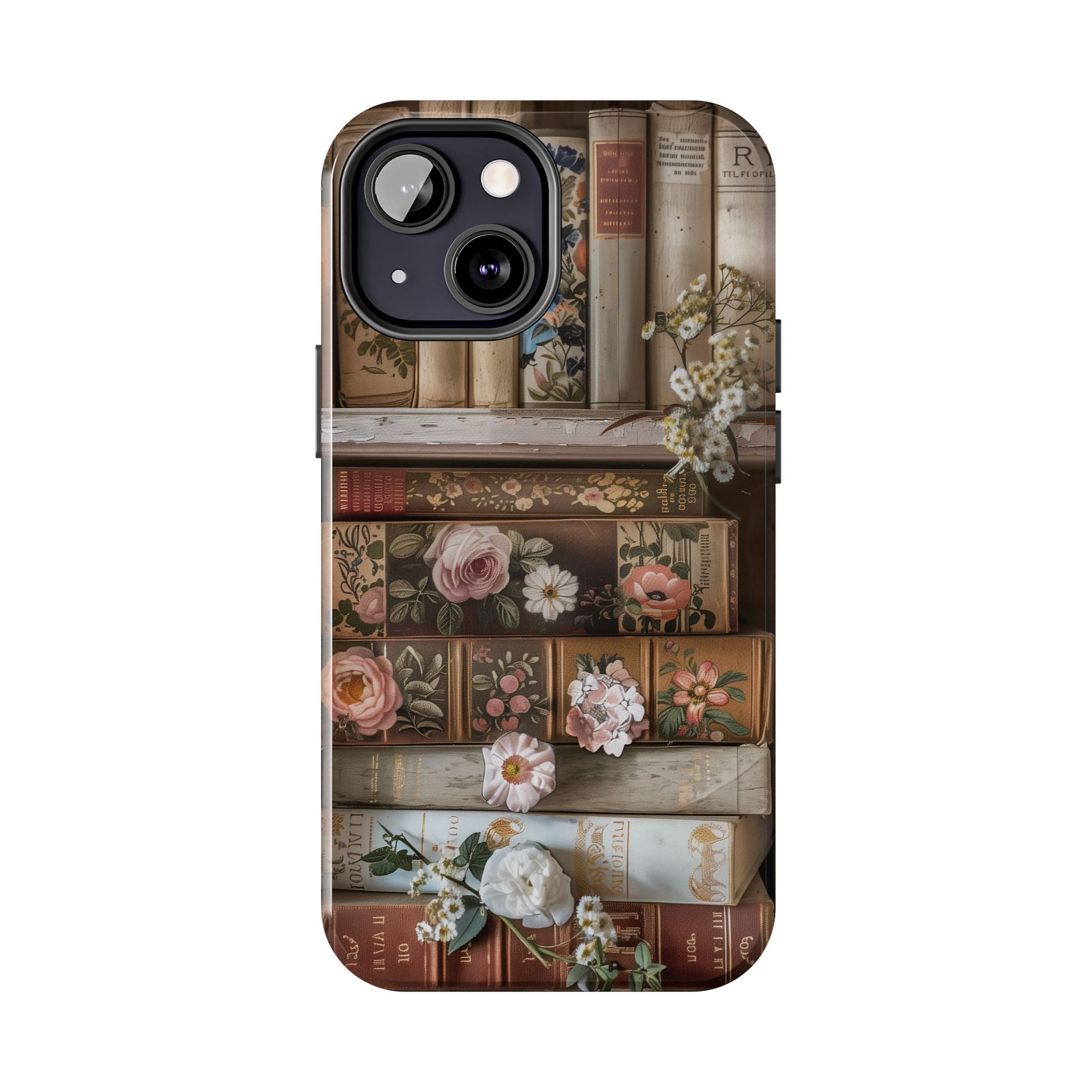 Vintage Book Stack Cottagecore Phone Case, Books with Floral Decor, Leather & Cloth Fliral iPhone Case, Pastel Roses Daisies Wildflowers