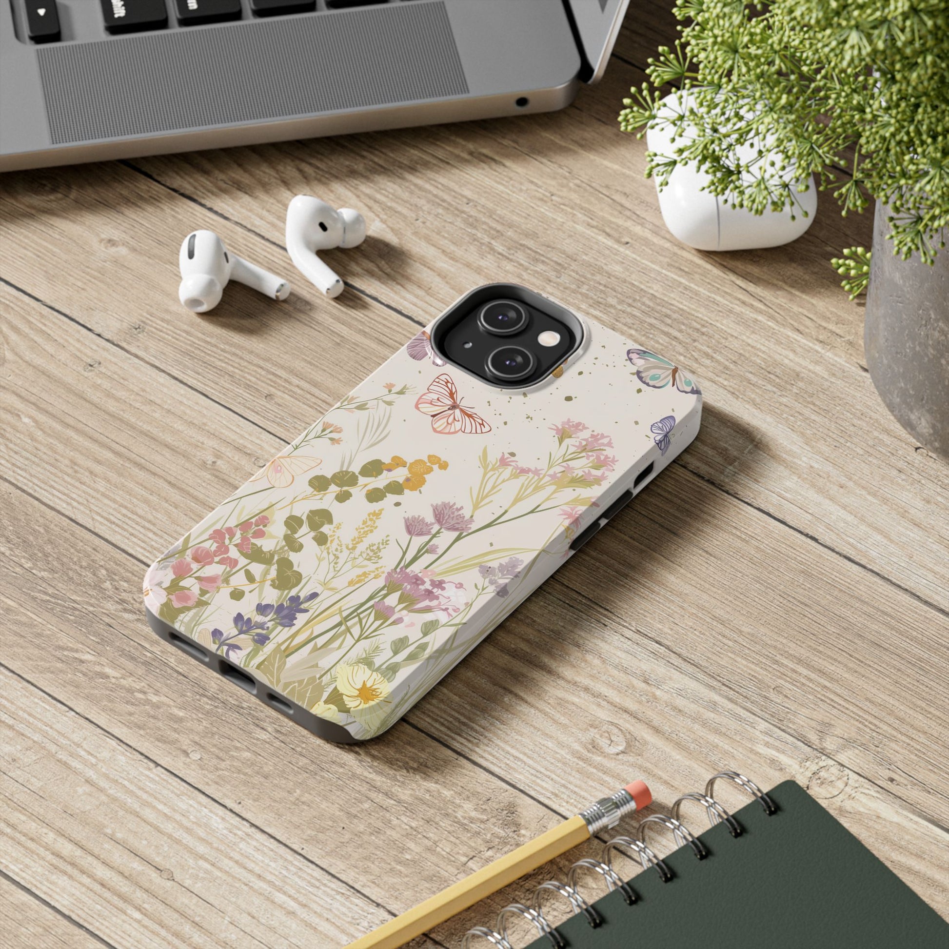 Butterfly Meadow Scene Cottagecore iPhone 15, Pastel Wildflowers & Butterflies, Natural iPhone Case, Cottagecore Garden Case, iPhone 14
