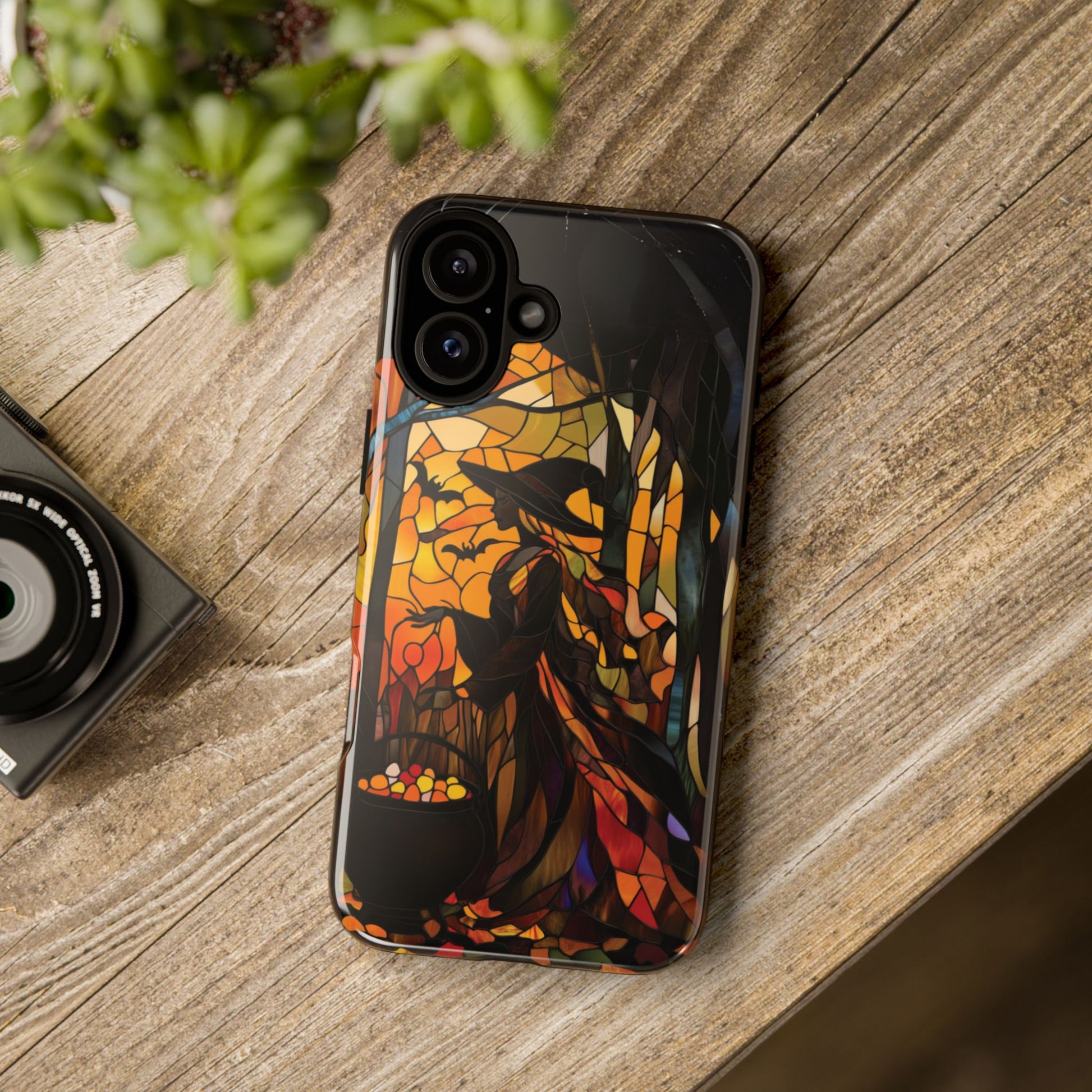 Halloween Witch Stained Glass Effect Dark Academia Spooky Fall Witchy Pumpkin Bats Seasonal Fall Mosaic Case iPhone 13 14 15 16 Pro Max