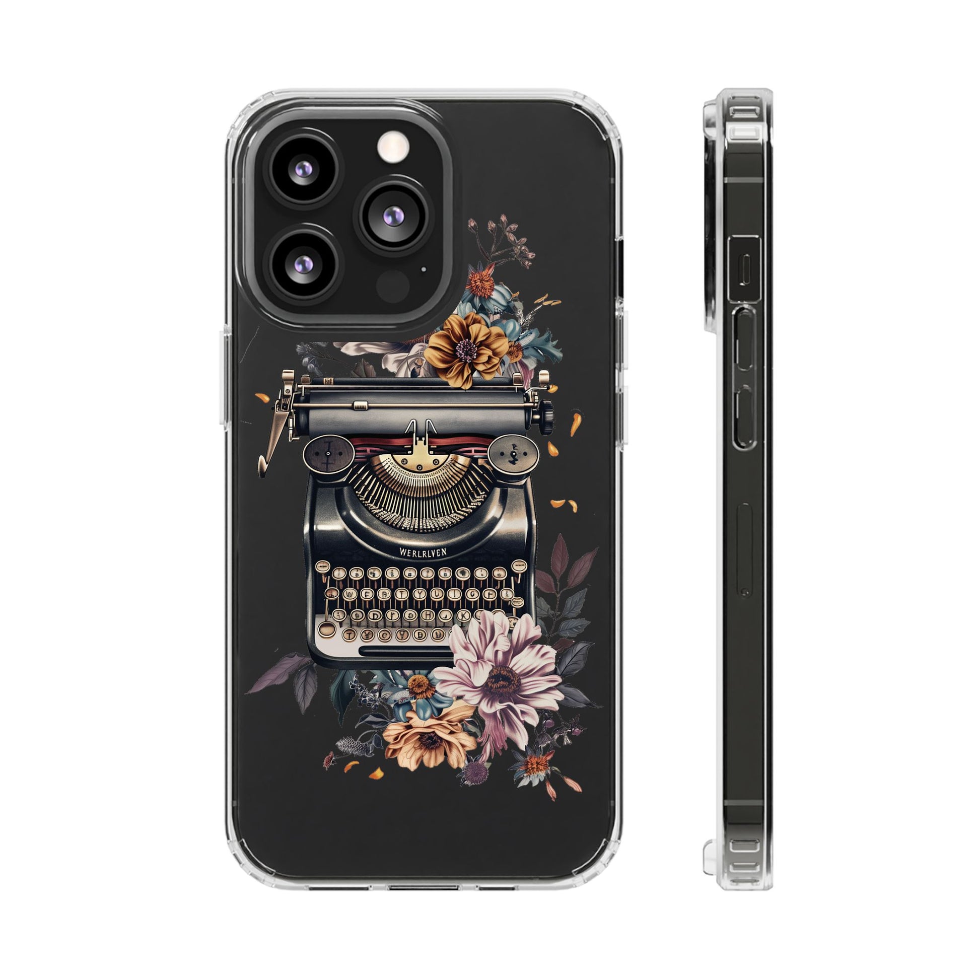 Vintage Cottagecore Typewriter Clear Phone Case with Floral Dark Academia Nostalgic Artistic Typography iPhone 13 14 15 16 Pro Max