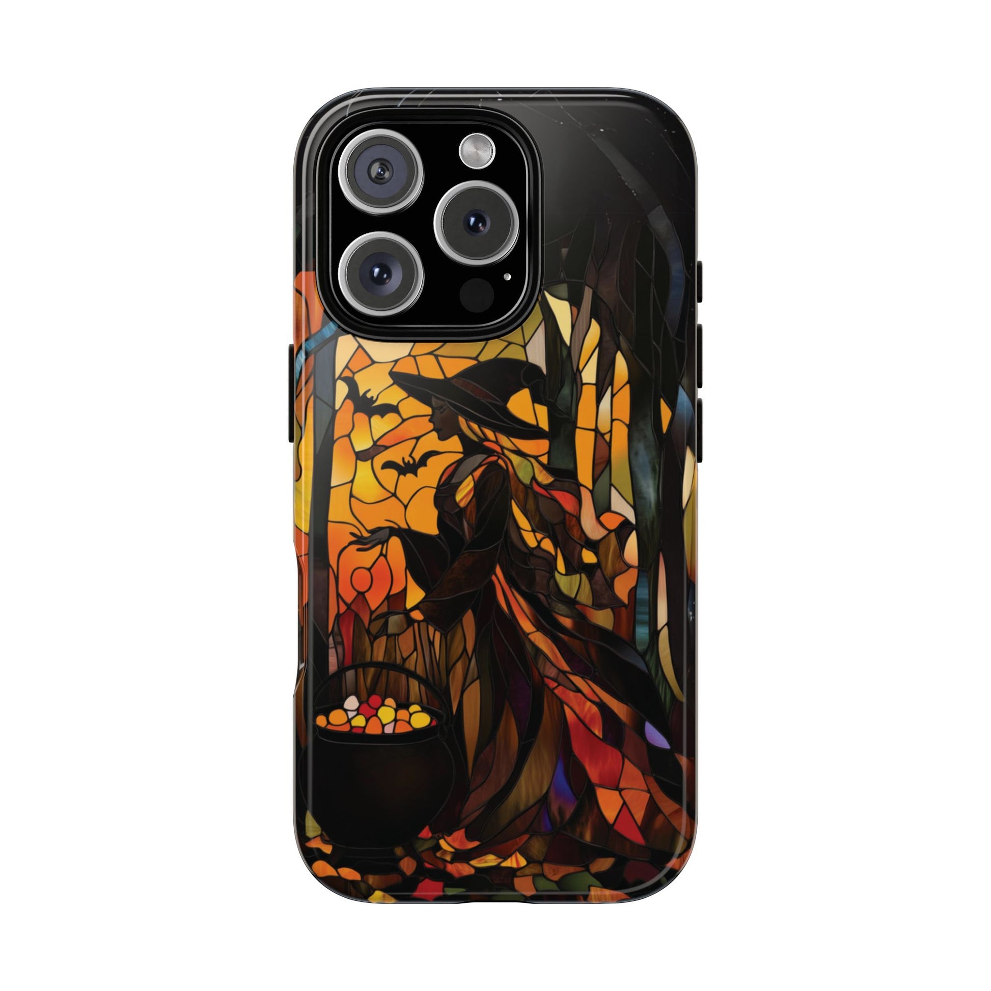 Halloween Witch Stained Glass Effect Dark Academia Spooky Fall Witchy Pumpkin Bats Seasonal Fall Mosaic Case iPhone 13 14 15 16 Pro Max