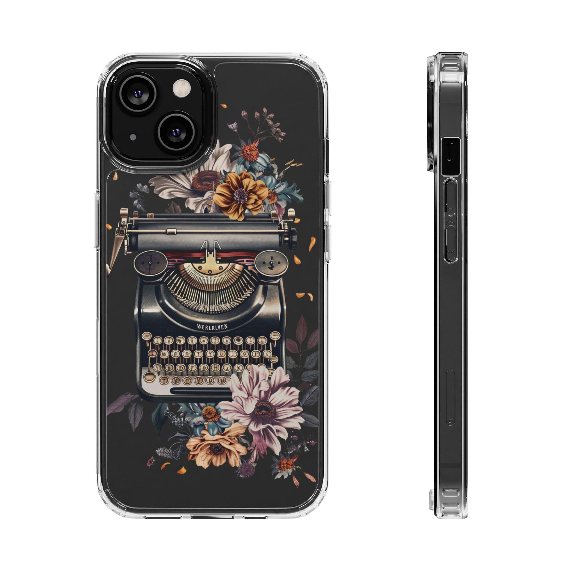 Vintage Cottagecore Typewriter Clear Phone Case with Floral Dark Academia Nostalgic Artistic Typography iPhone 13 14 15 16 Pro Max
