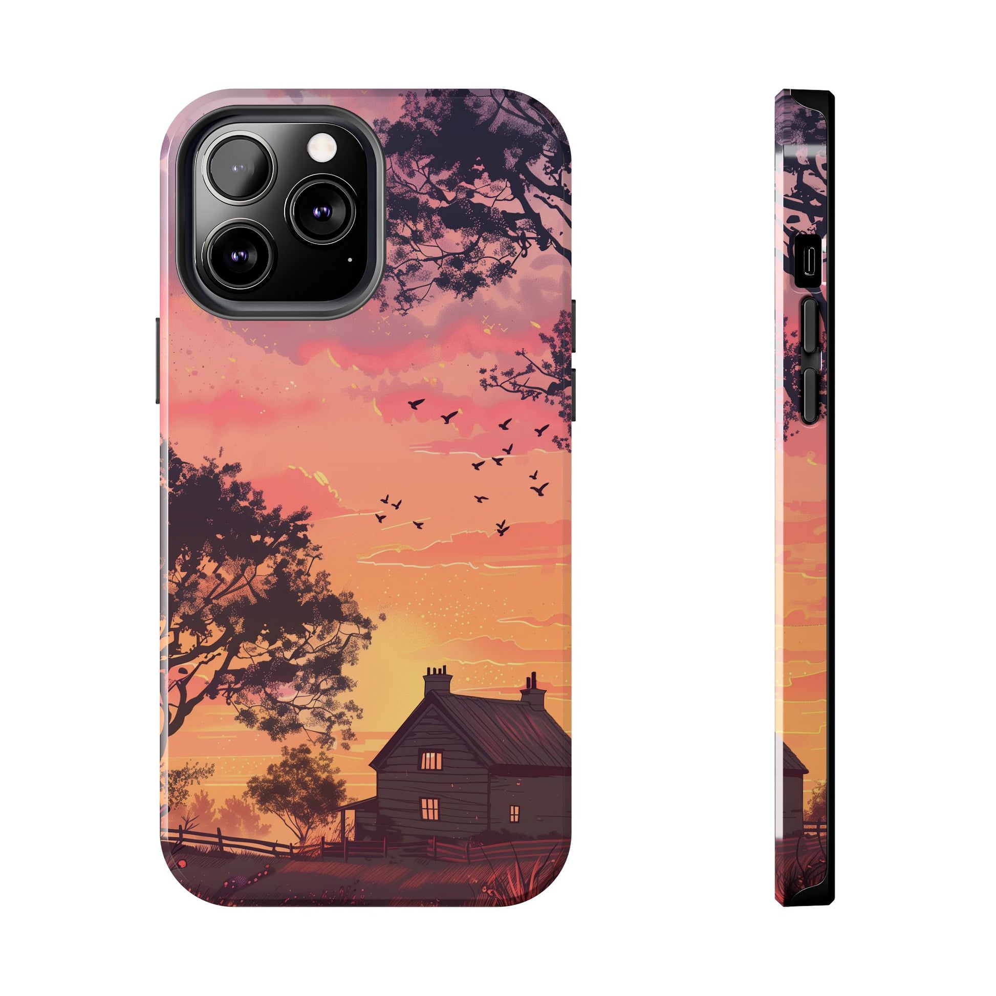 Cottagecore Countryside Sunset Phone Case Cottagecore Aesthetic, Tranquil Pastel Sky Gradient & Silhouette Trees, Whimsical Nature Art Cover