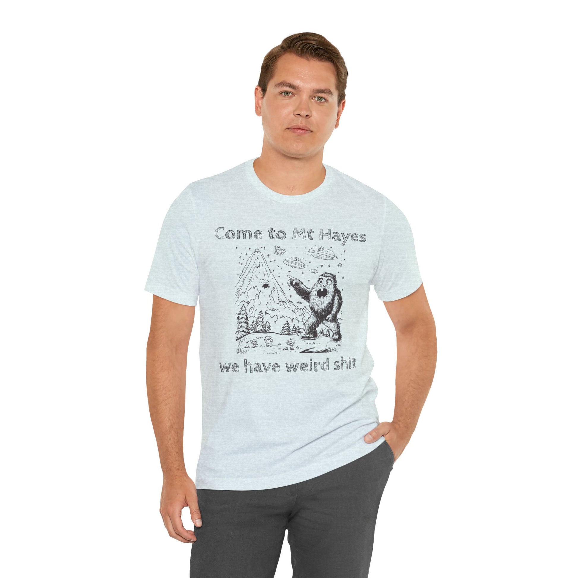 Alien Conspiracy Unisex Tee, Bigfoot Mountain Sketch Shirt, UFO Weird Stuff Tshirt, California Men's Top, Space Extraterrestrial Shirt
