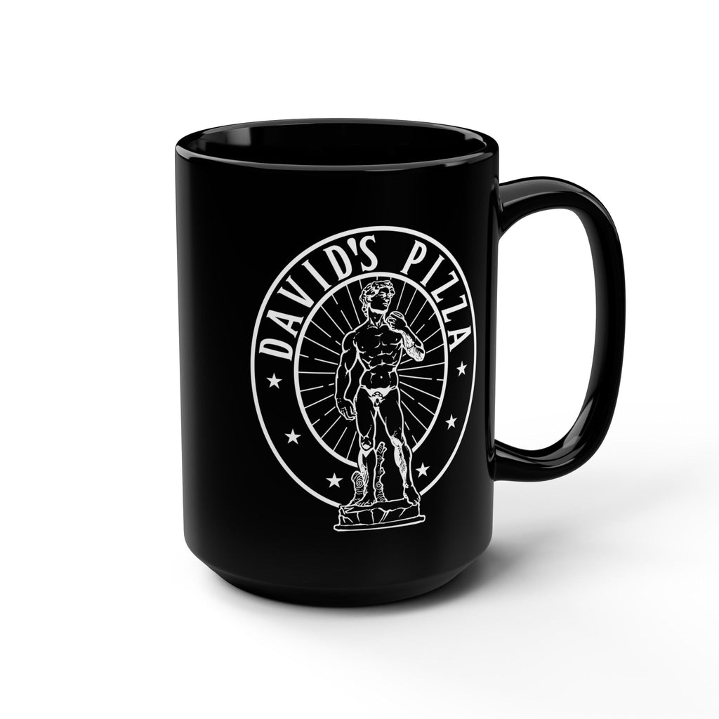 Black mug with 'David's Pizza' logo featuring a statue design on a white background