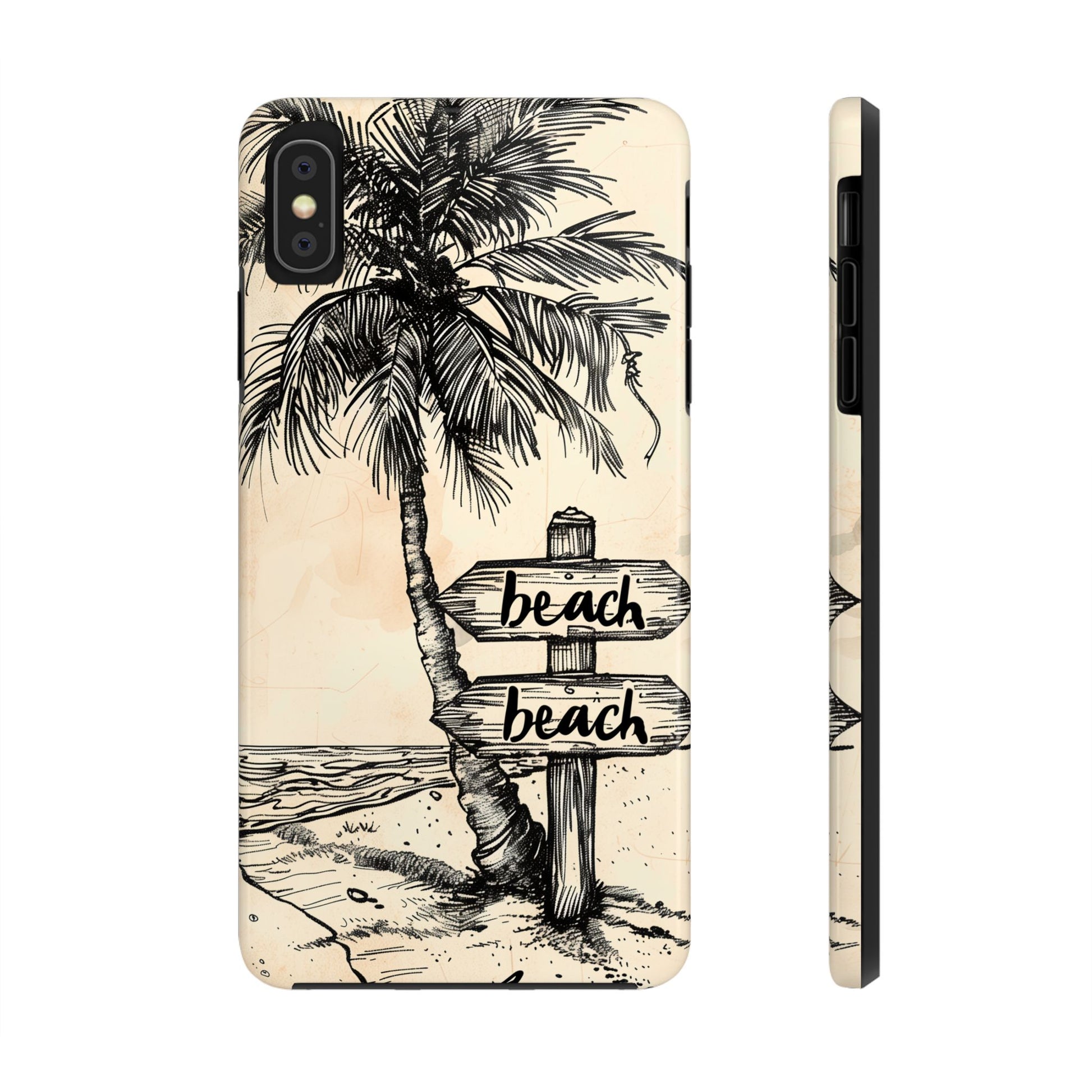 Hand-Drawn Beach Scene Phone Case, Palm Tree iPhone Case, Artistic Tough iPhone 15 Pro Max Case, Hand Drawn Tropicsl Beach iPhone 14 Case