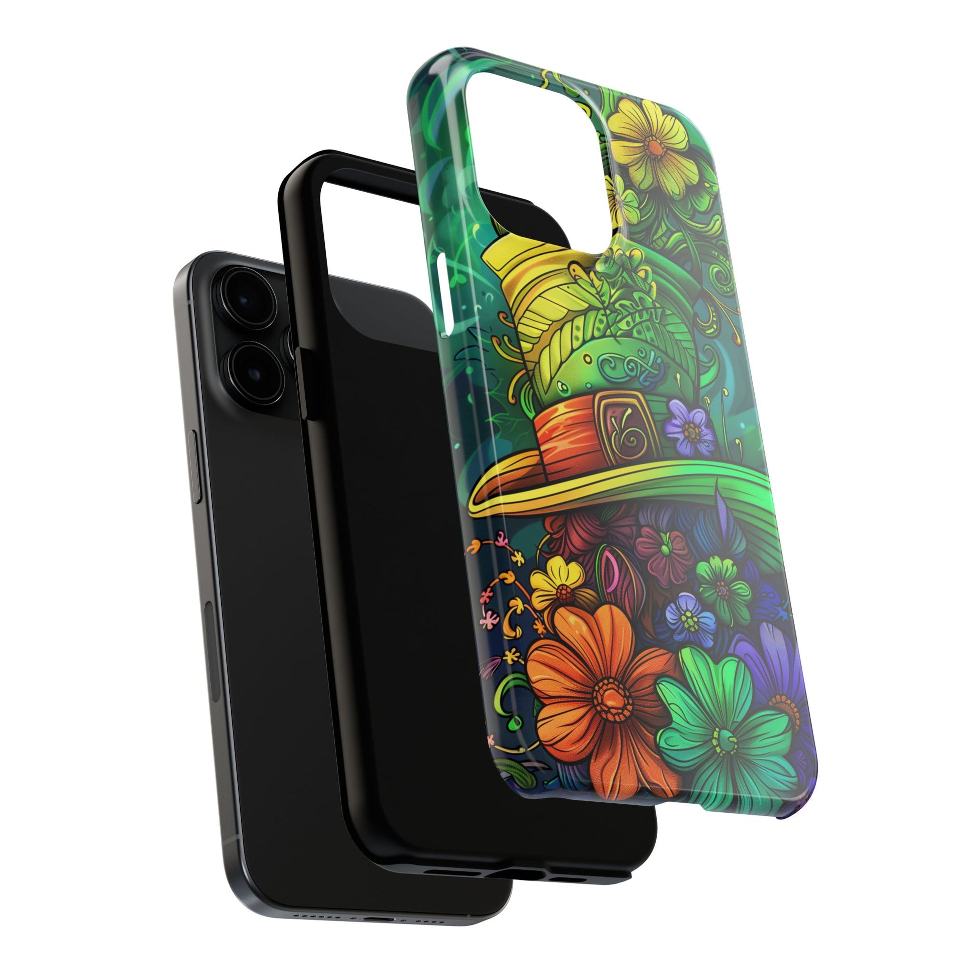 Rainbow St. Patricks Day Good Lucky Phone Case Green Shamrock Protective Tough Durable iPhone 13 14 15 16 Pro Max Plus Galaxy Top Hat Charm