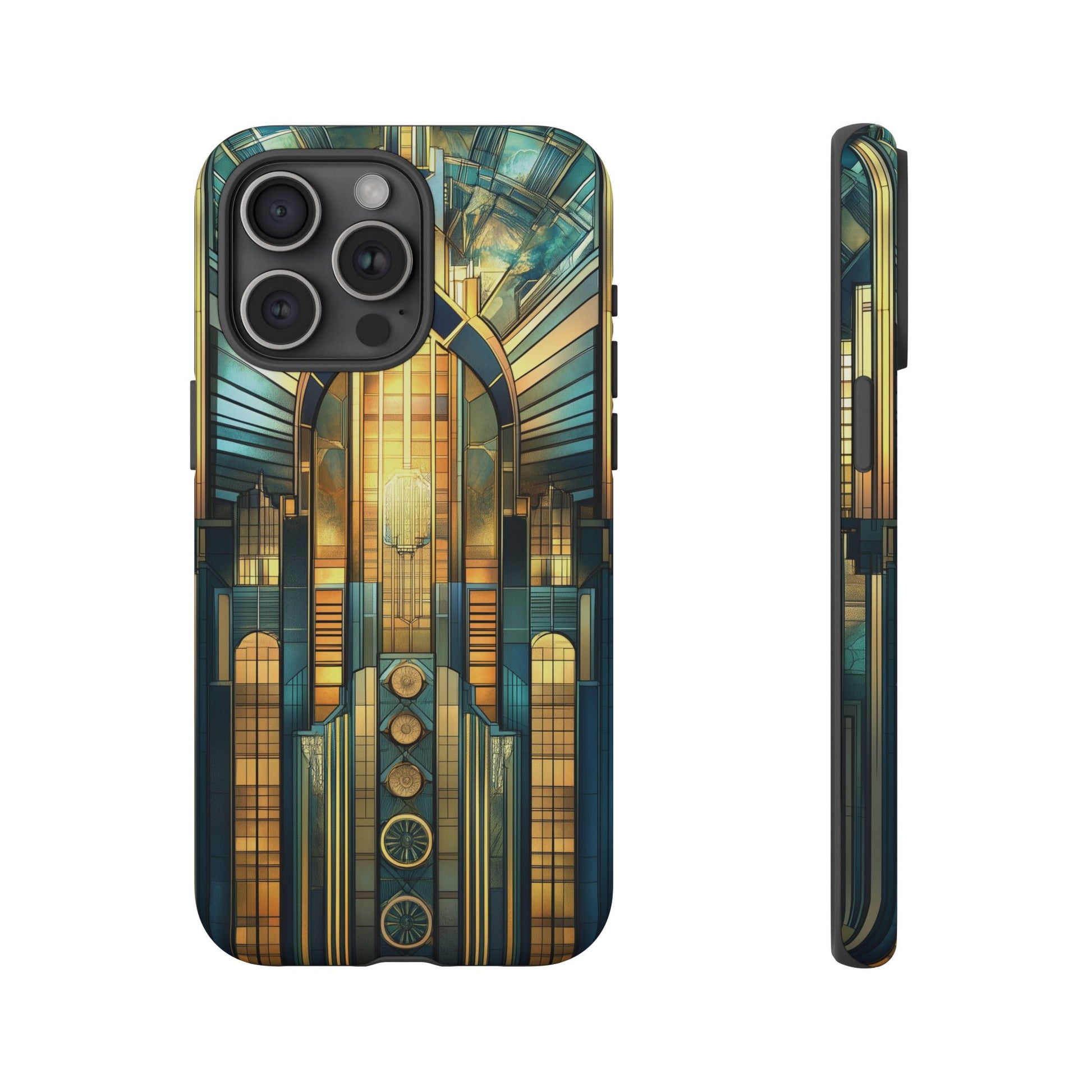 Phone Case Art Deco City Frank Lloyd Wright Teal Gold Protective Covers, Stylish Accessories, Great Gatsby Noir Nouveau iPhone 14 15 16 Pro