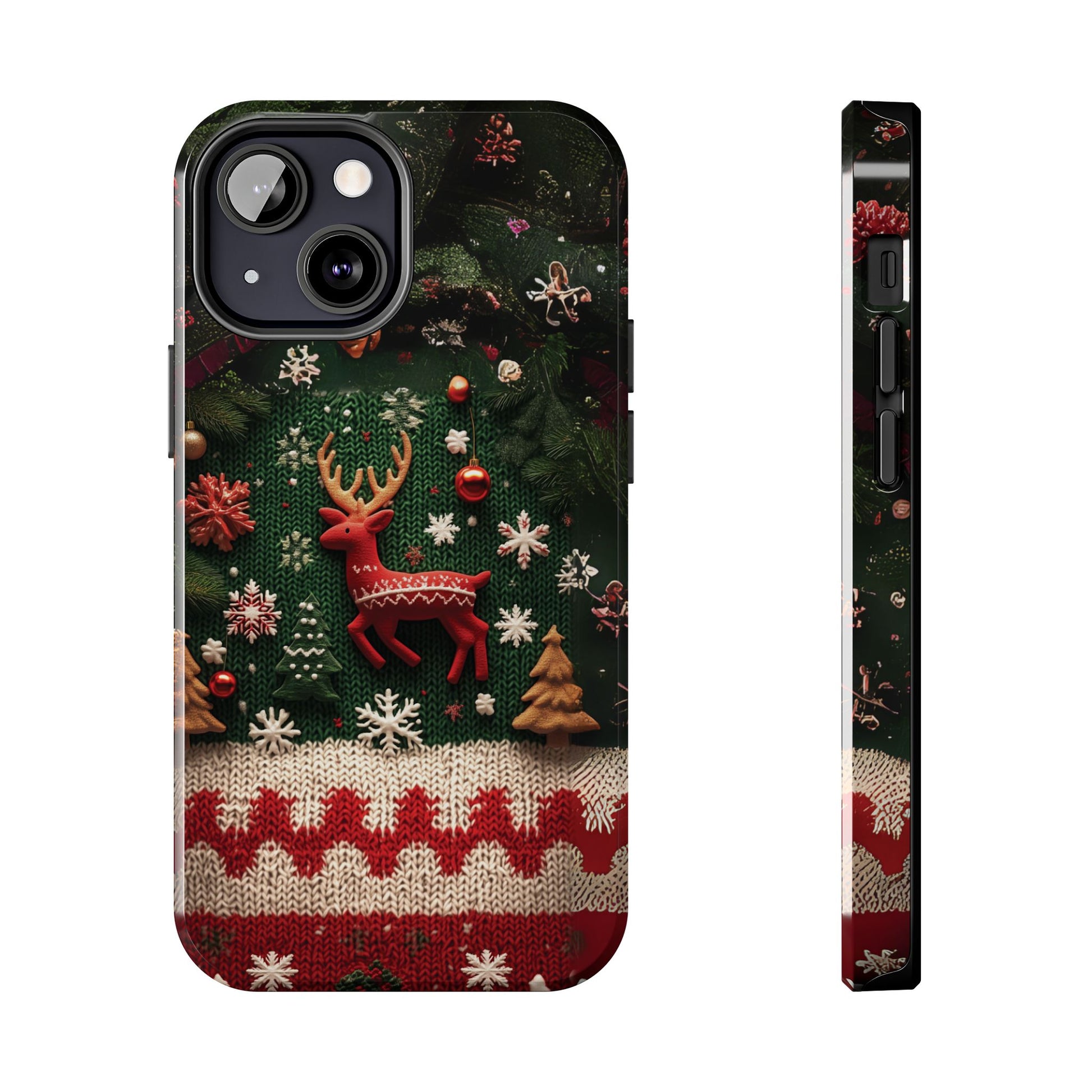 Ugly Christmas Sweater Rudolph Phone Case Festive 3D Knit Textured Red White Green Holiday Red Nosed  Reindeer iPhone 13 14 15 16 Pro Max