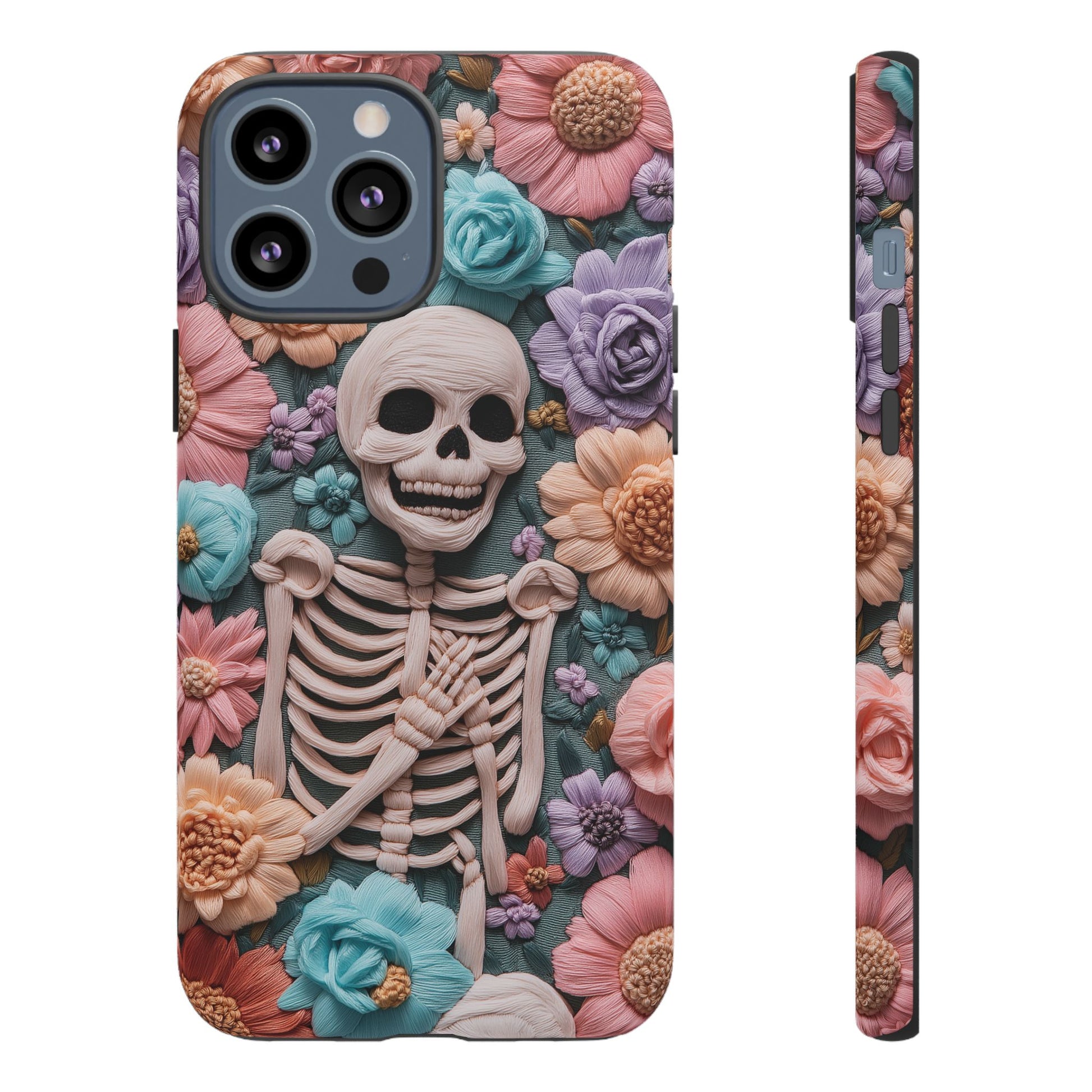 Embroidered Skeleton Gothic Cottagecore Halloween Phone Case 3D Look Flowers Pastel Custom 13 14 15 16 Pro Max Plus Galaxy Pixel