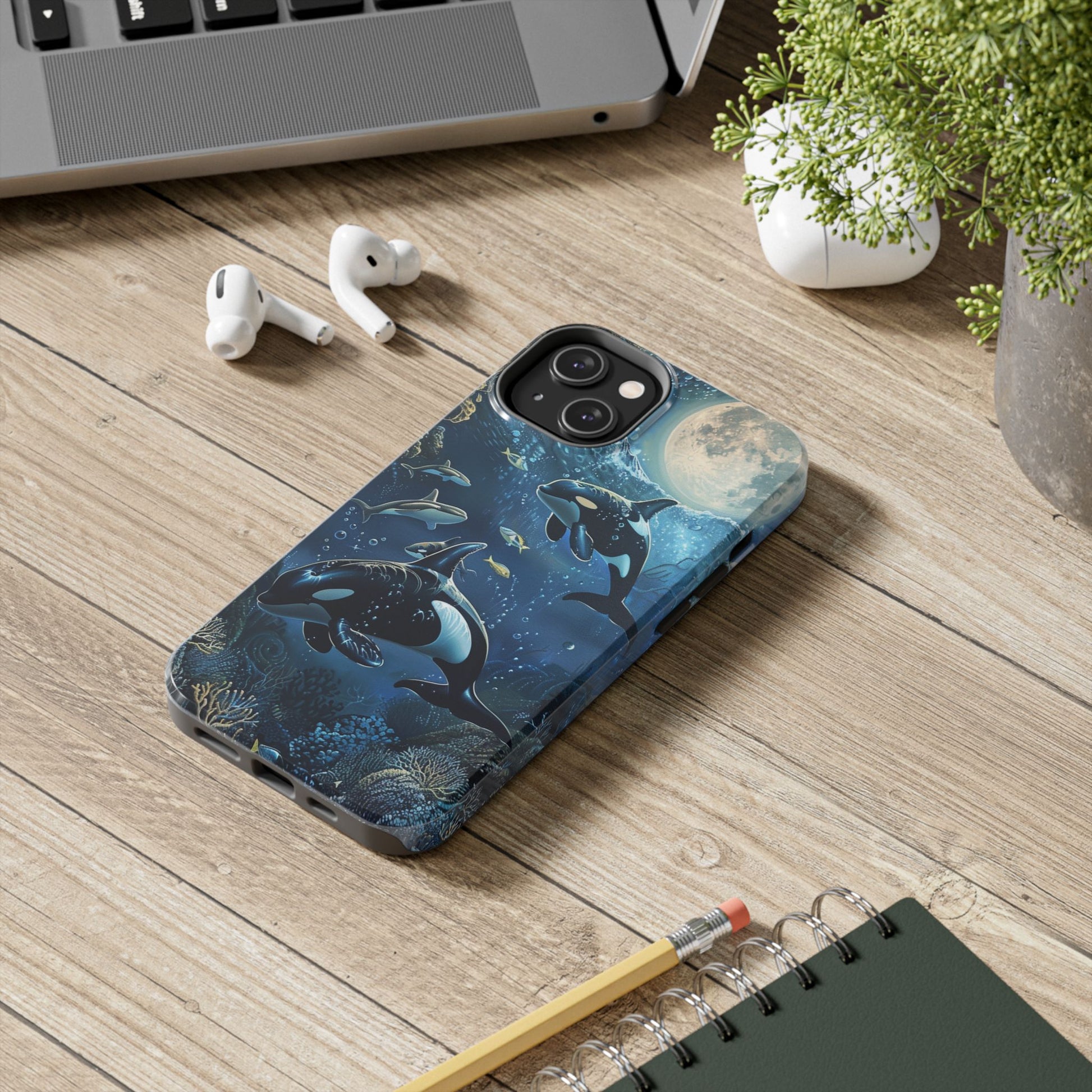 Orca Killer Whale Phone Case Ocean Moonlight Coral Reef Marine Life iPhone 13 14 15 16 pro max Sealife Oceanology Scuba Diving