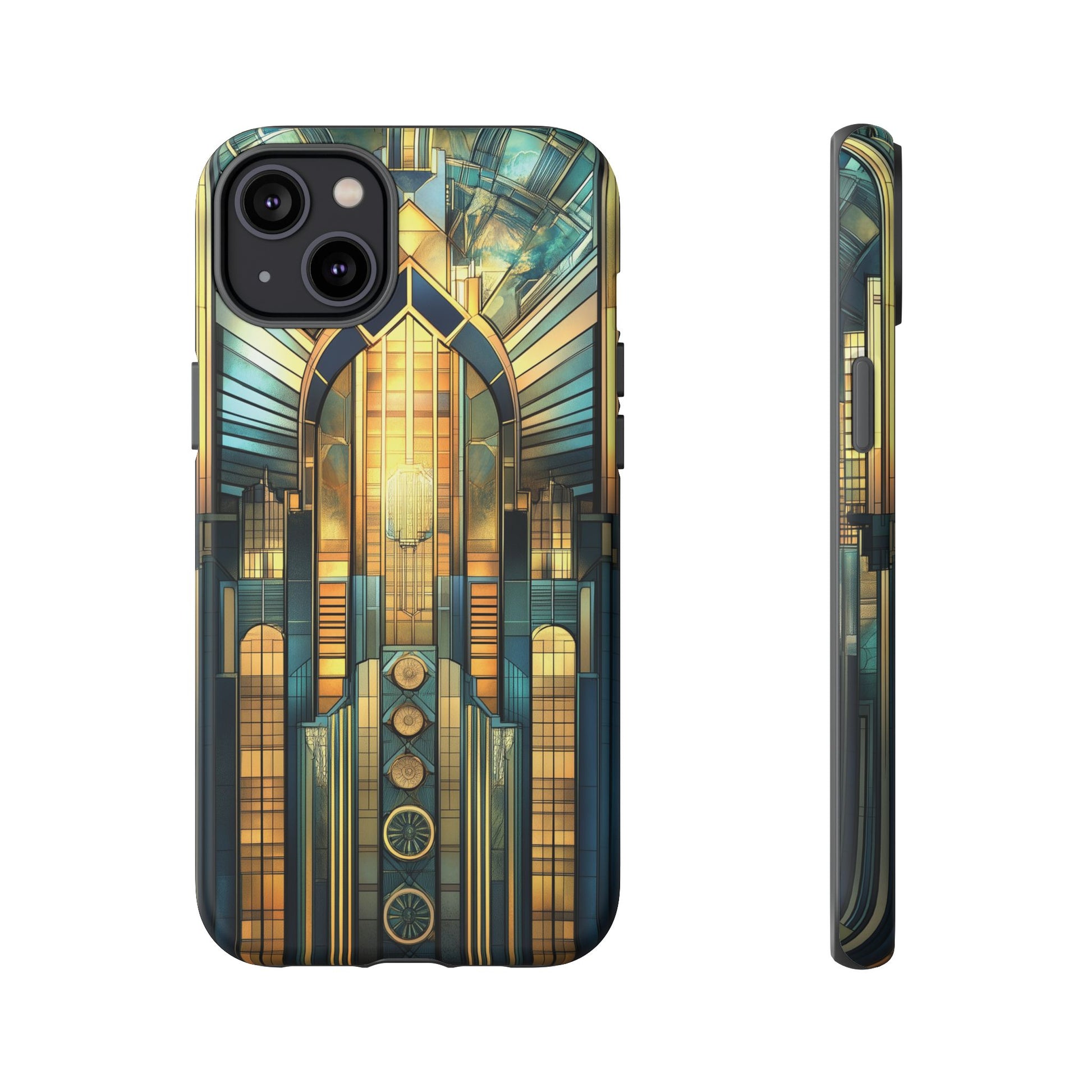 Phone Case Art Deco City Frank Lloyd Wright Teal Gold Protective Covers, Stylish Accessories, Great Gatsby Noir Nouveau iPhone 14 15 16 Pro