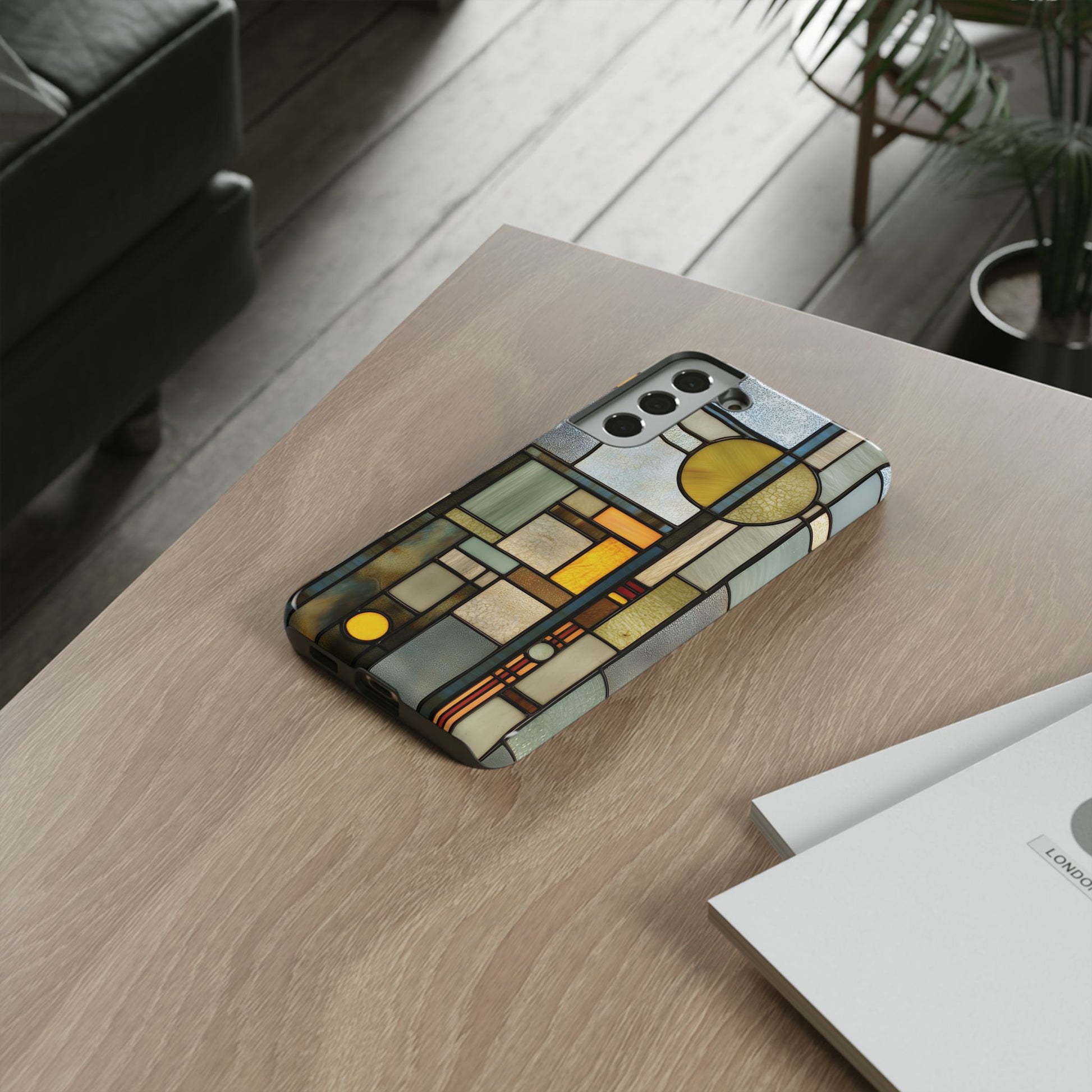Green Art Deco Stained Glass Phone Case Frank Lloyd Wright Cottage Core Usonian Prairie Style Geometric Stylish  iPhone 14 15 16 Pro