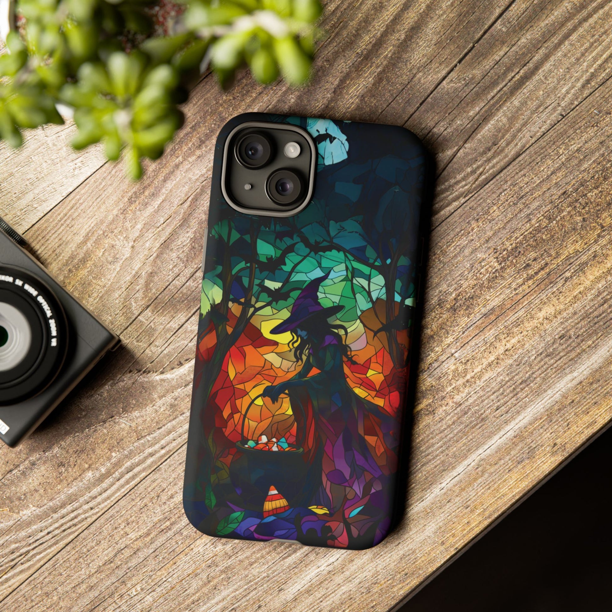 Halloween Witch Stained Glass Dark Academia Spooky Fall Witchy Pumpkin Bats Seasonal Fall Mosaic Case iPhone 13 14 15 16 Pro Max