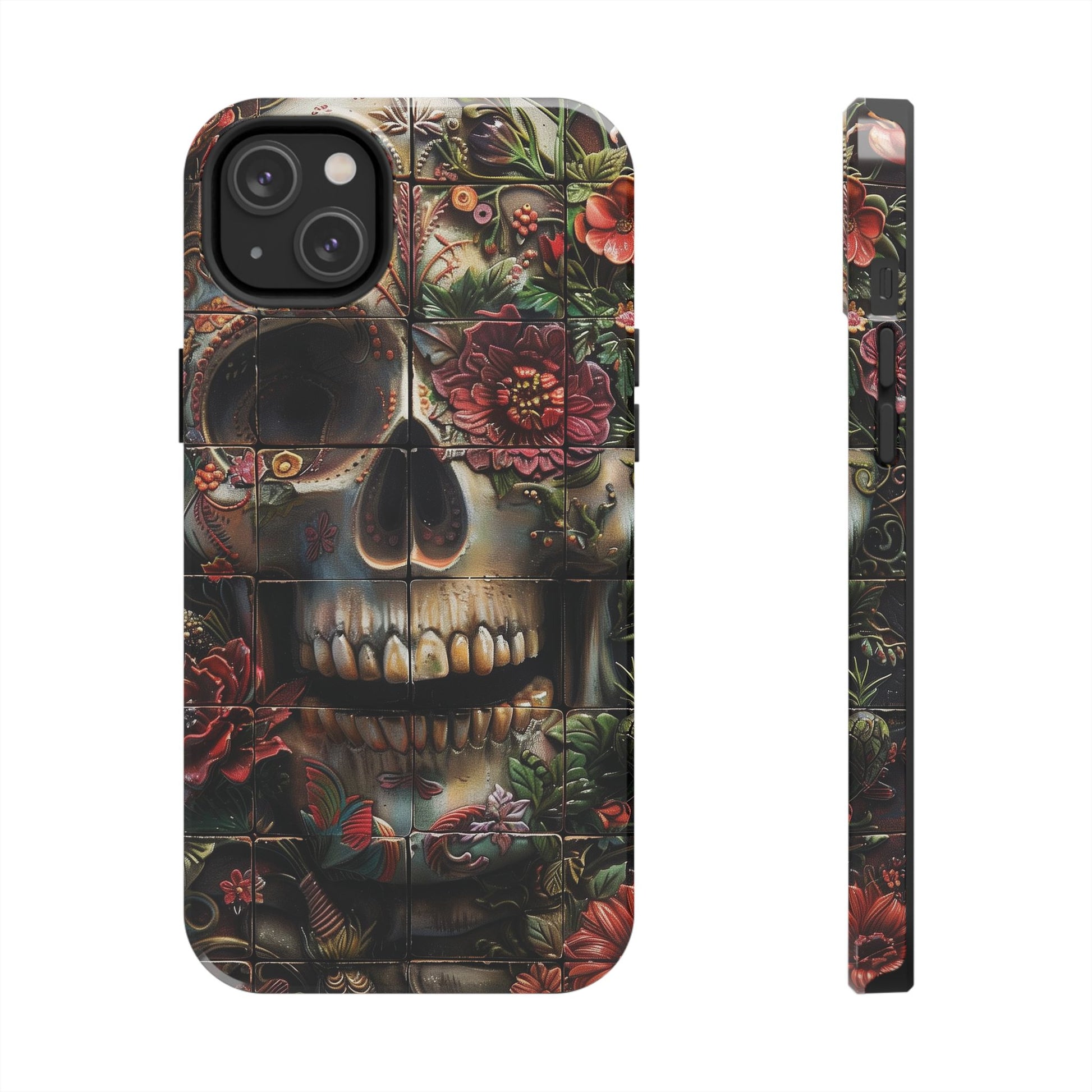 Sugar Skull Phone Case Flowers and Skeletons, Halloween Cottagecore Day of the Dead, Dia de Los Muertos Gothic, iPhone 15 Spooky Case
