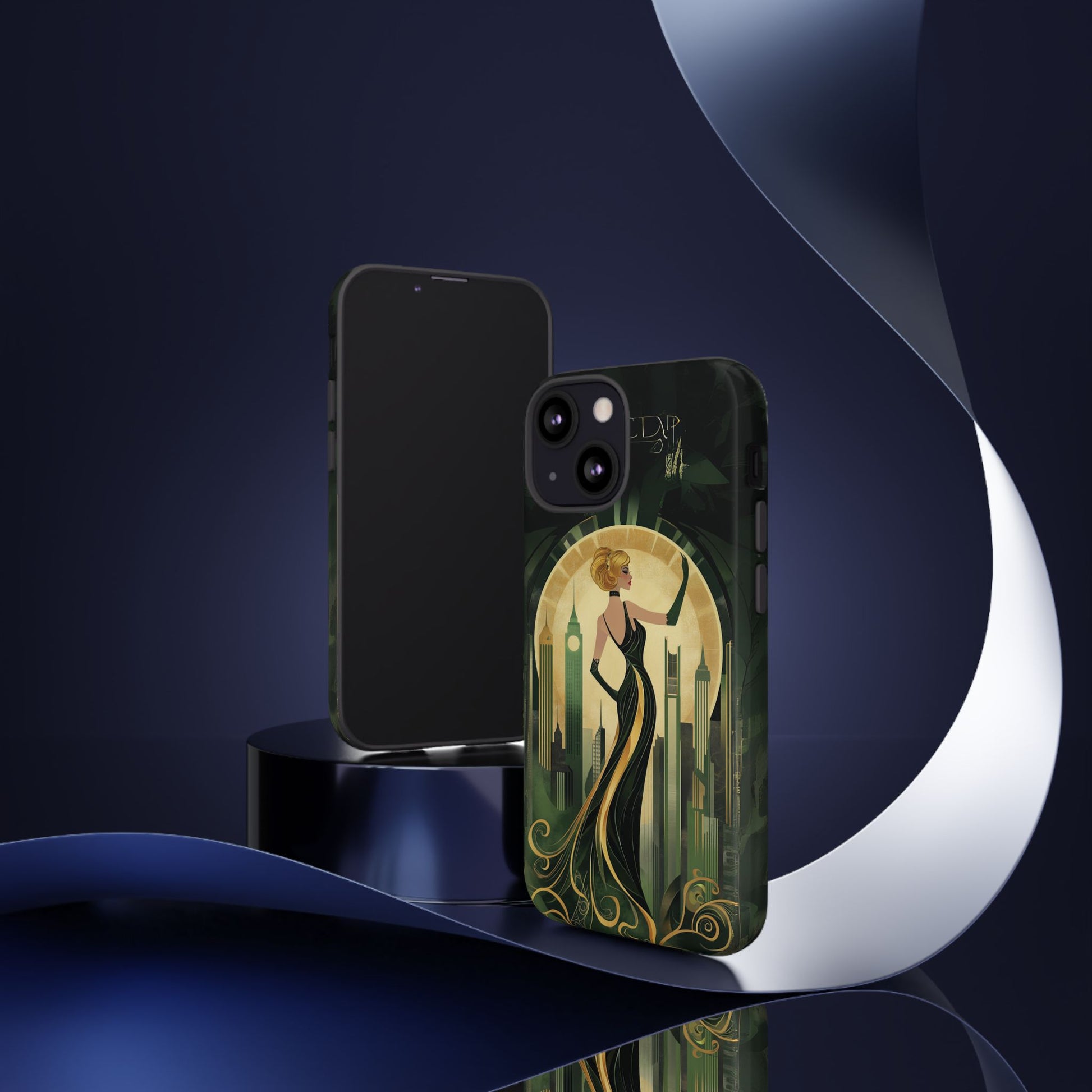 Emerald City Art Deco Flapper Woman Phone Case 1920s Art Nouveau Design in Emerald & Gold Alphonse Mucha Style Gatsby Style Poster