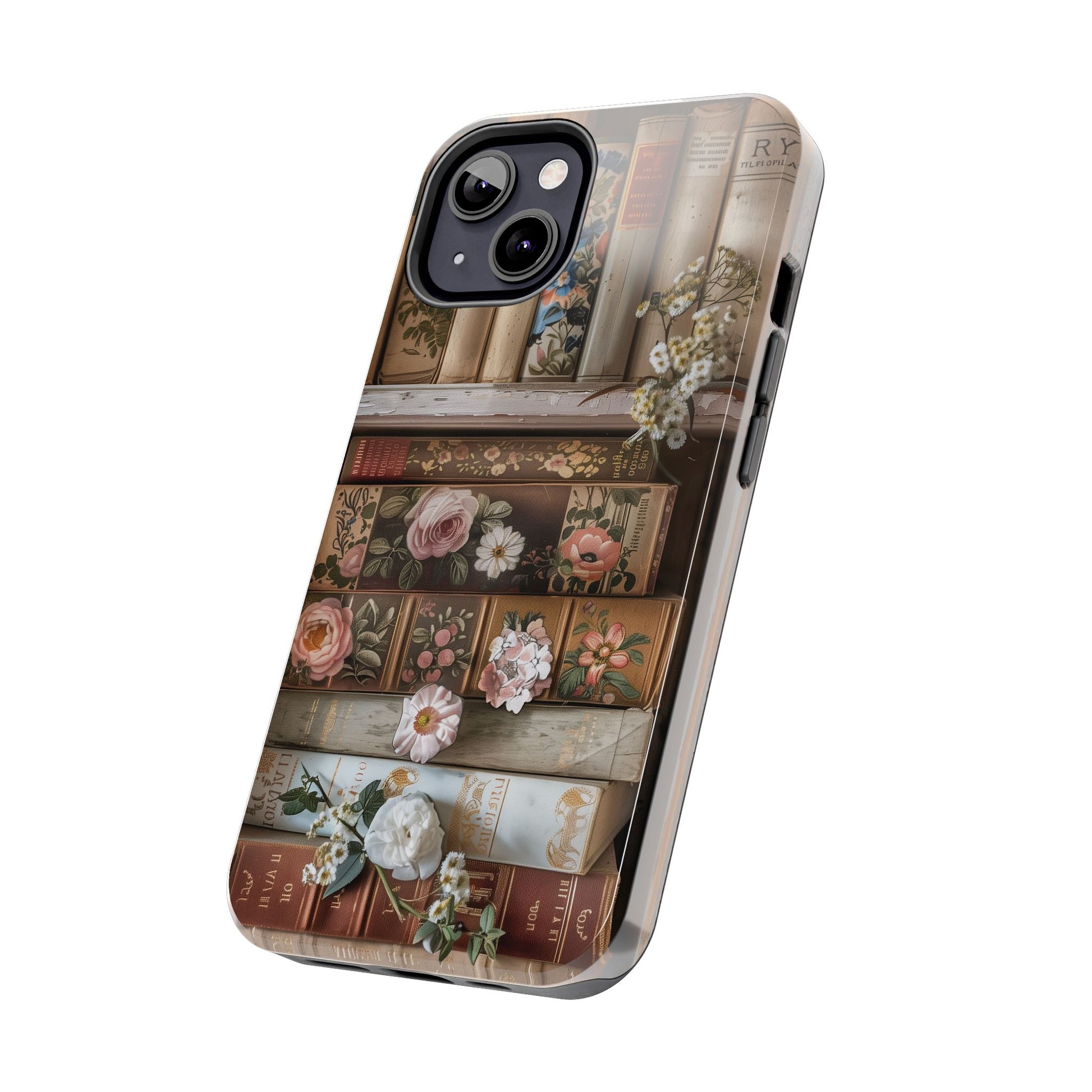 Vintage Book Stack Cottagecore Phone Case, Books with Floral Decor, Leather & Cloth Fliral iPhone Case, Pastel Roses Daisies Wildflowers