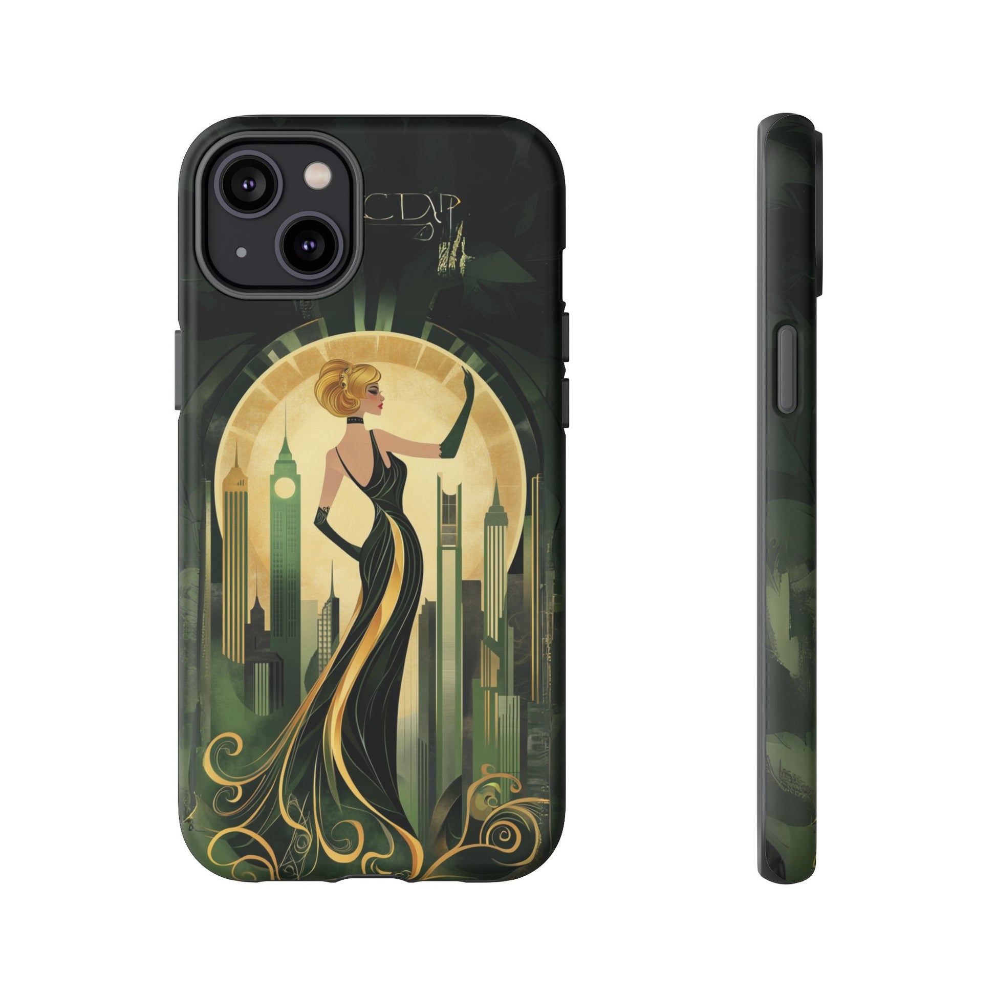 Emerald City Art Deco Flapper Woman Phone Case 1920s Art Nouveau Design in Emerald & Gold Alphonse Mucha Style Gatsby Style Poster