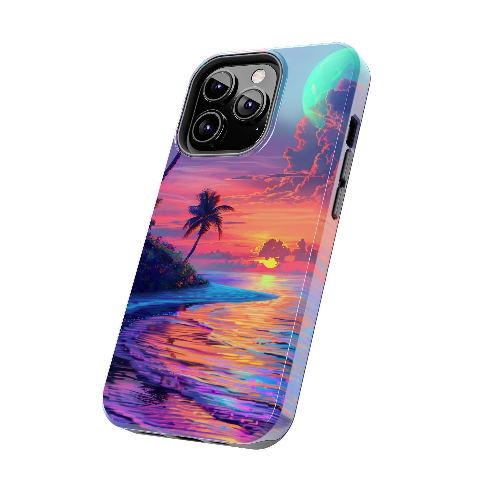 Tough Beach Scene Phone Case - Durable Phone Cover with Lisa Frank Inspired Beach Art - Protective Case with Vibrant Beach Design