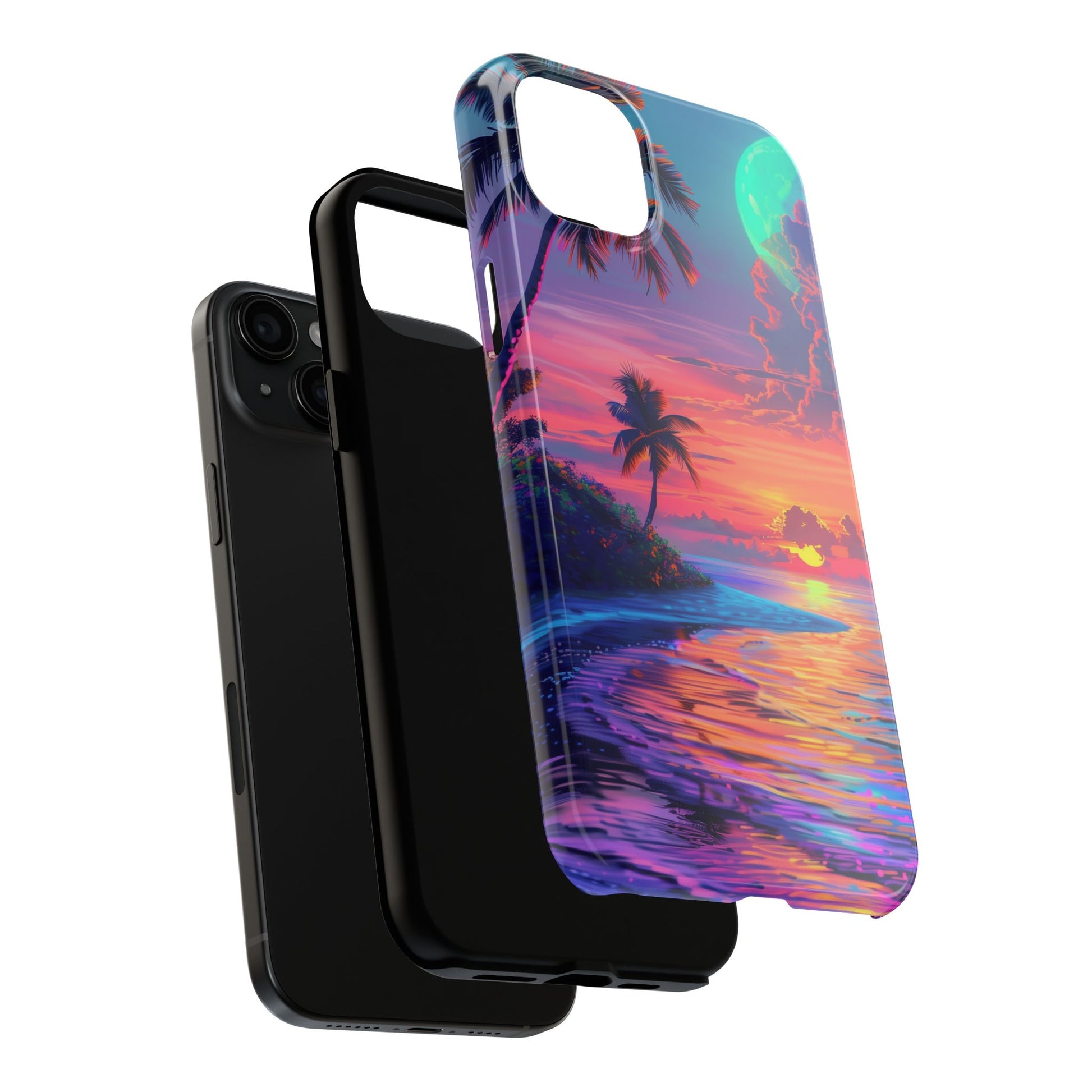 Tough Beach Scene Phone Case - Durable Phone Cover with Lisa Frank Inspired Beach Art - Protective Case with Vibrant Beach Design