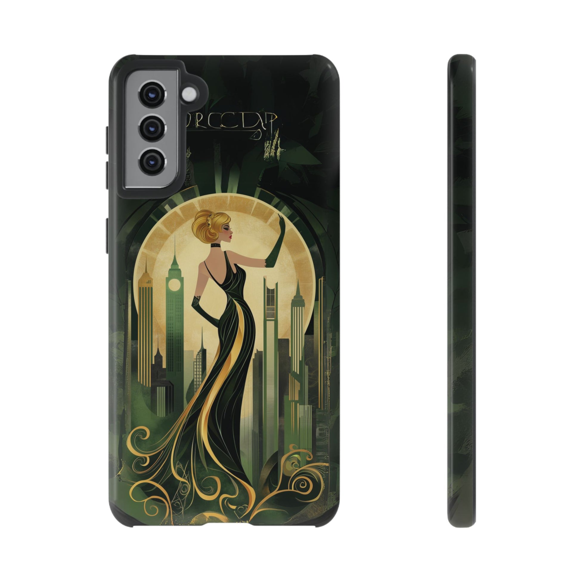 Emerald City Art Deco Flapper Woman Phone Case 1920s Art Nouveau Design in Emerald & Gold Alphonse Mucha Style Gatsby Style Poster
