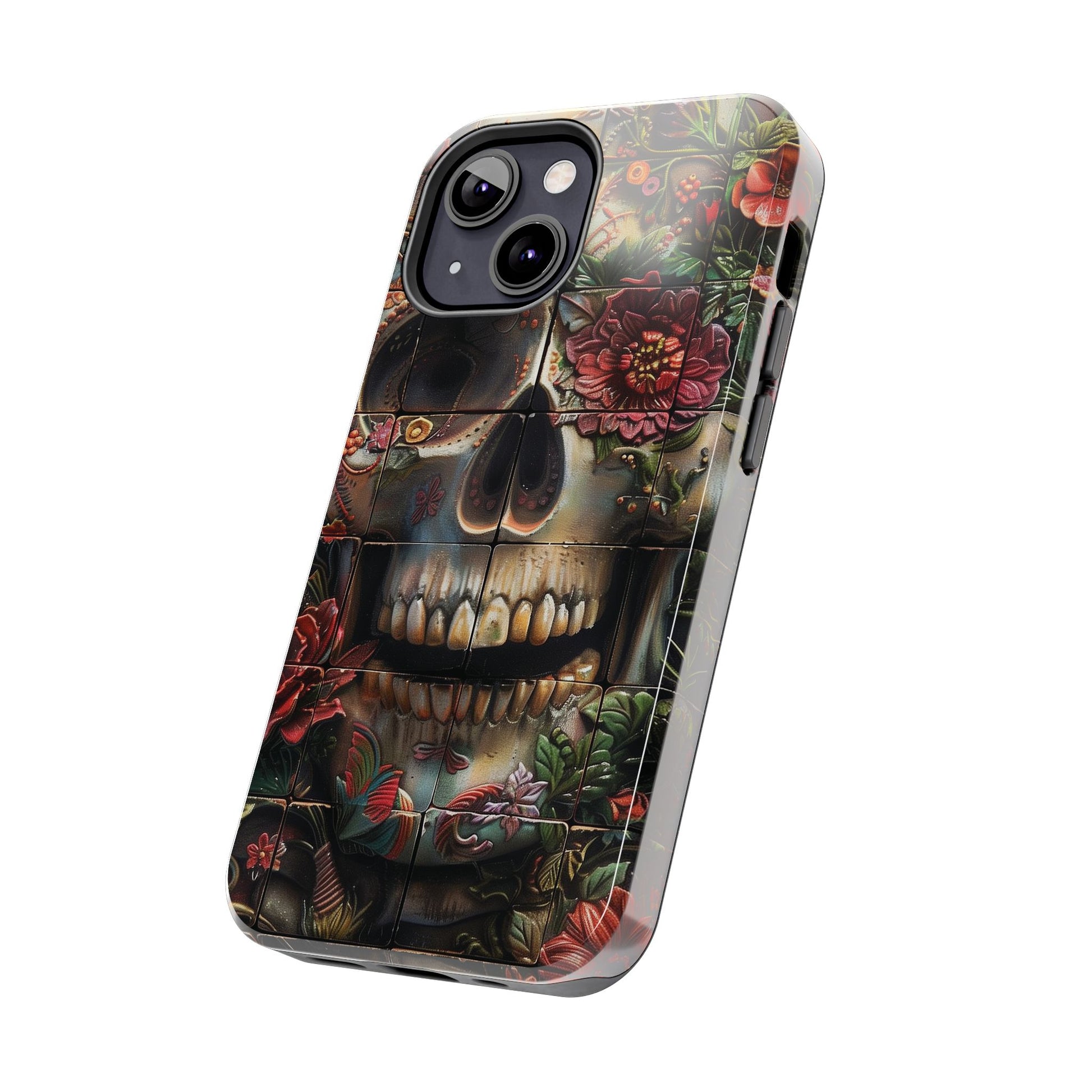 Sugar Skull Phone Case Flowers and Skeletons, Halloween Cottagecore Day of the Dead, Dia de Los Muertos Gothic, iPhone 15 Spooky Case